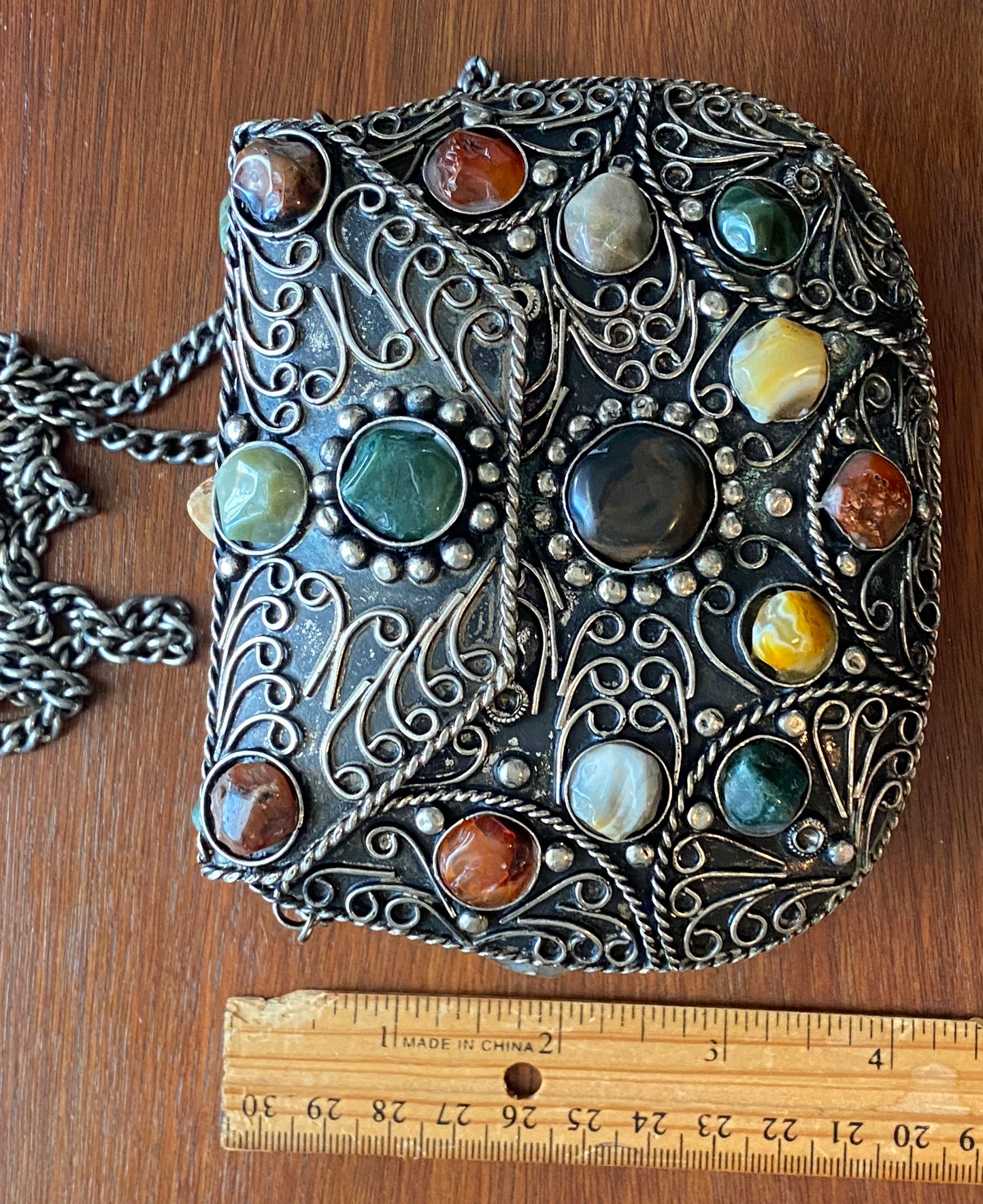 Vintage Sajai Metal Purse Handbag with Natural Agate Stones and Chain Strap