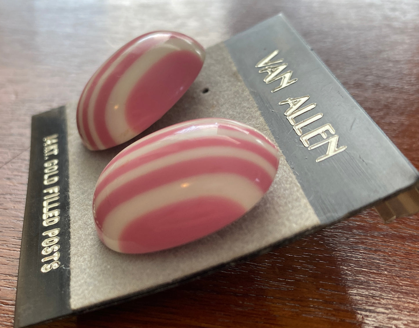 Vintage Post Pink White Resin Stripe Cabochon Stud Earrings Candy