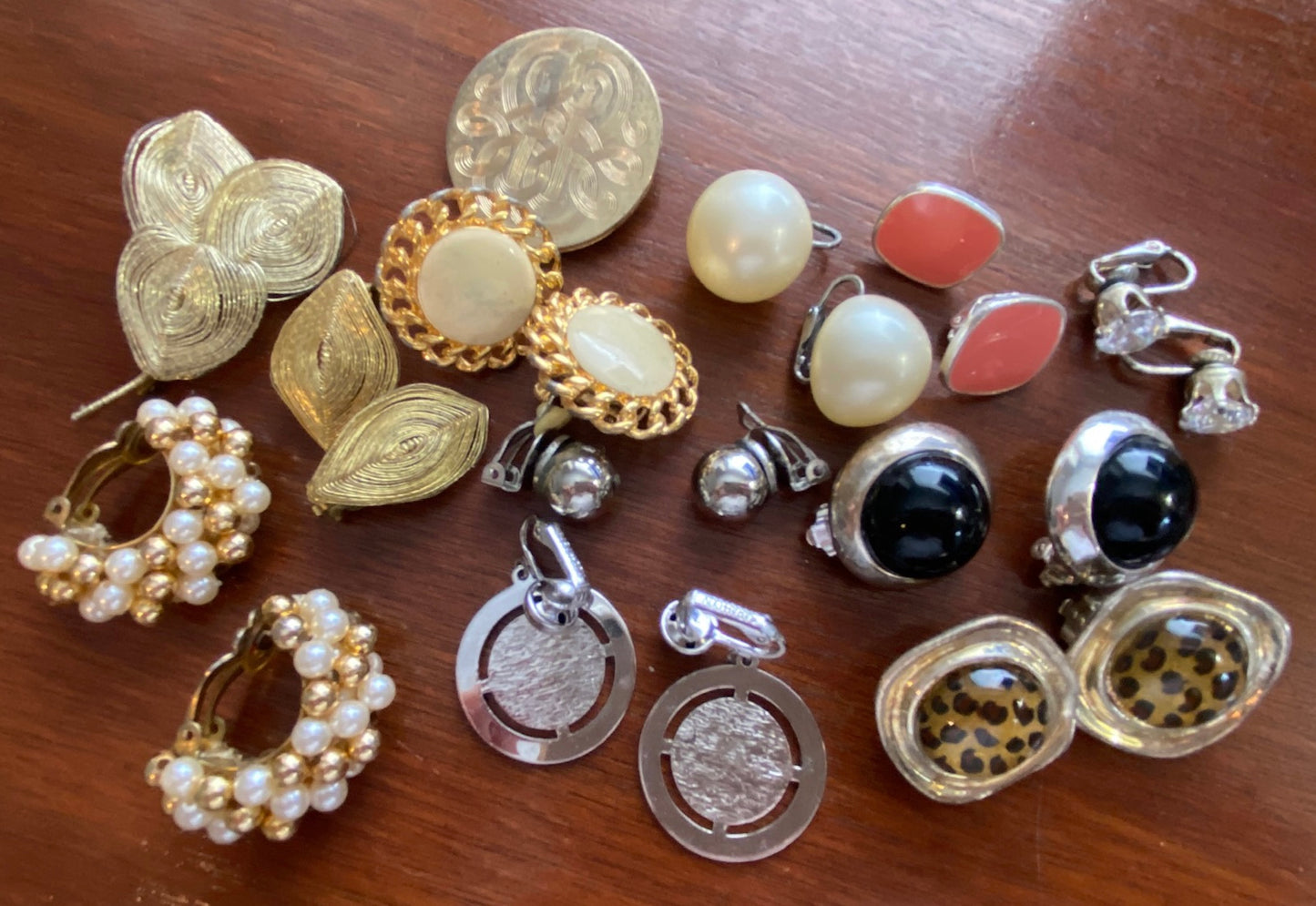 Lot of 10 Pairs Clip on Earrings Scarf Clip Brooch Signed Faux Pearl Black Gold Tone