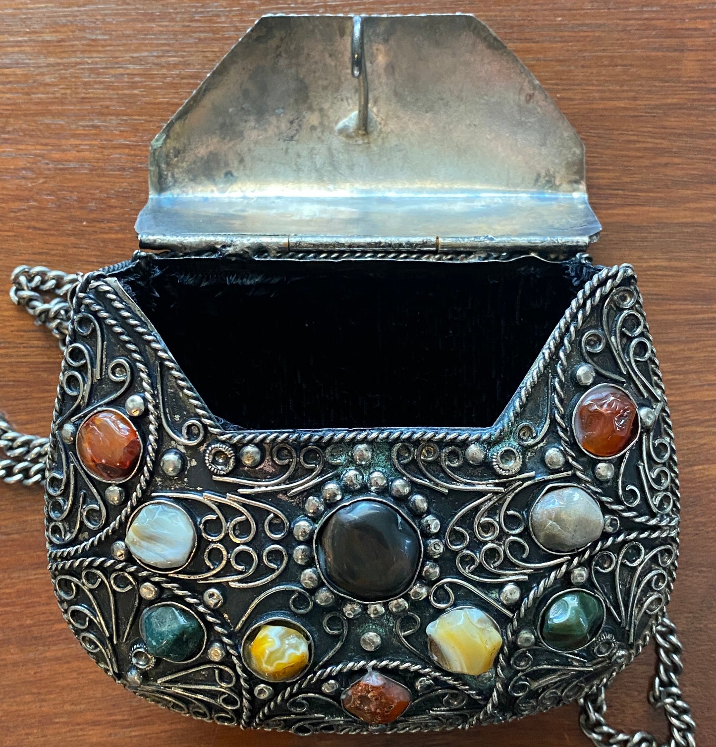 Vintage Sajai Metal Purse Handbag with Natural Agate Stones and Chain Strap