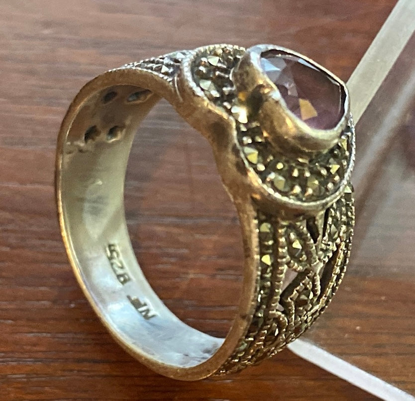Sterling Silver 925 Amethyst Marcasite Heart Shaped Ring Sz 8.25 Signed NF
