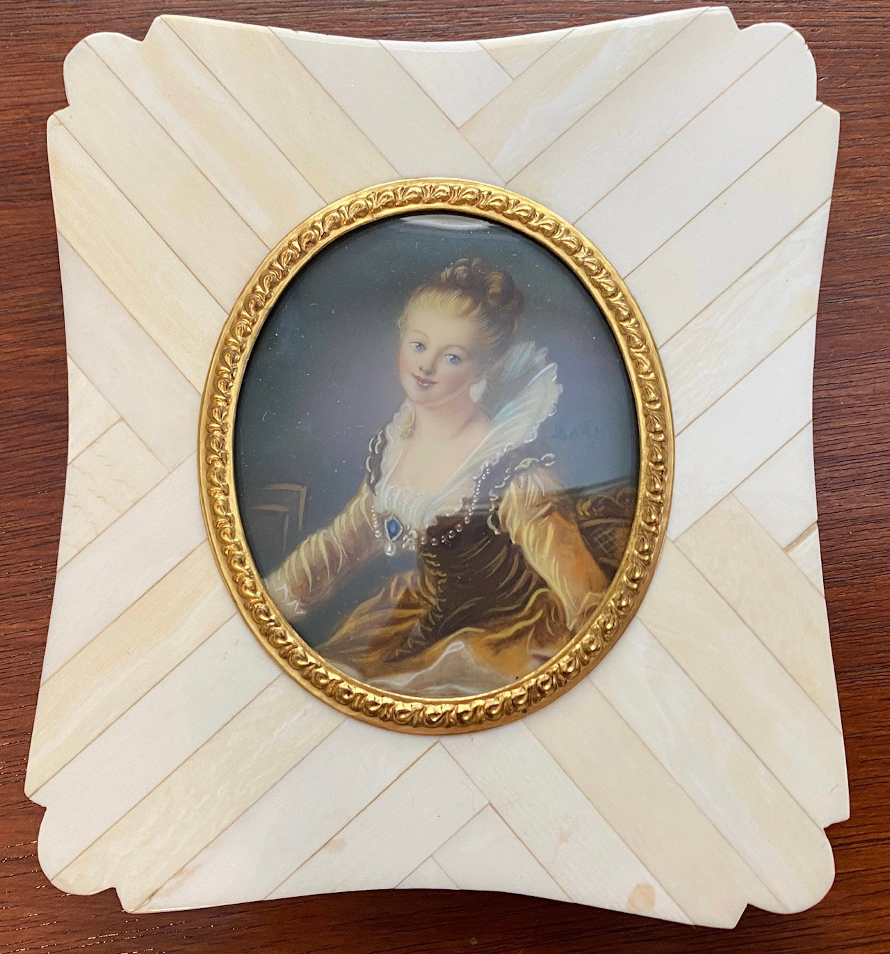 Antique Miniature A Study Fragonard Portrait Faux Ivory Bone Frame