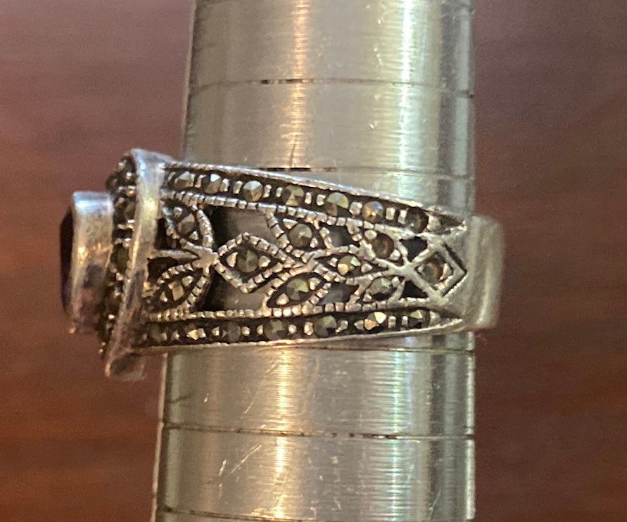 Sterling Silver 925 Amethyst Marcasite Heart Shaped Ring Sz 8.25 Signed NF