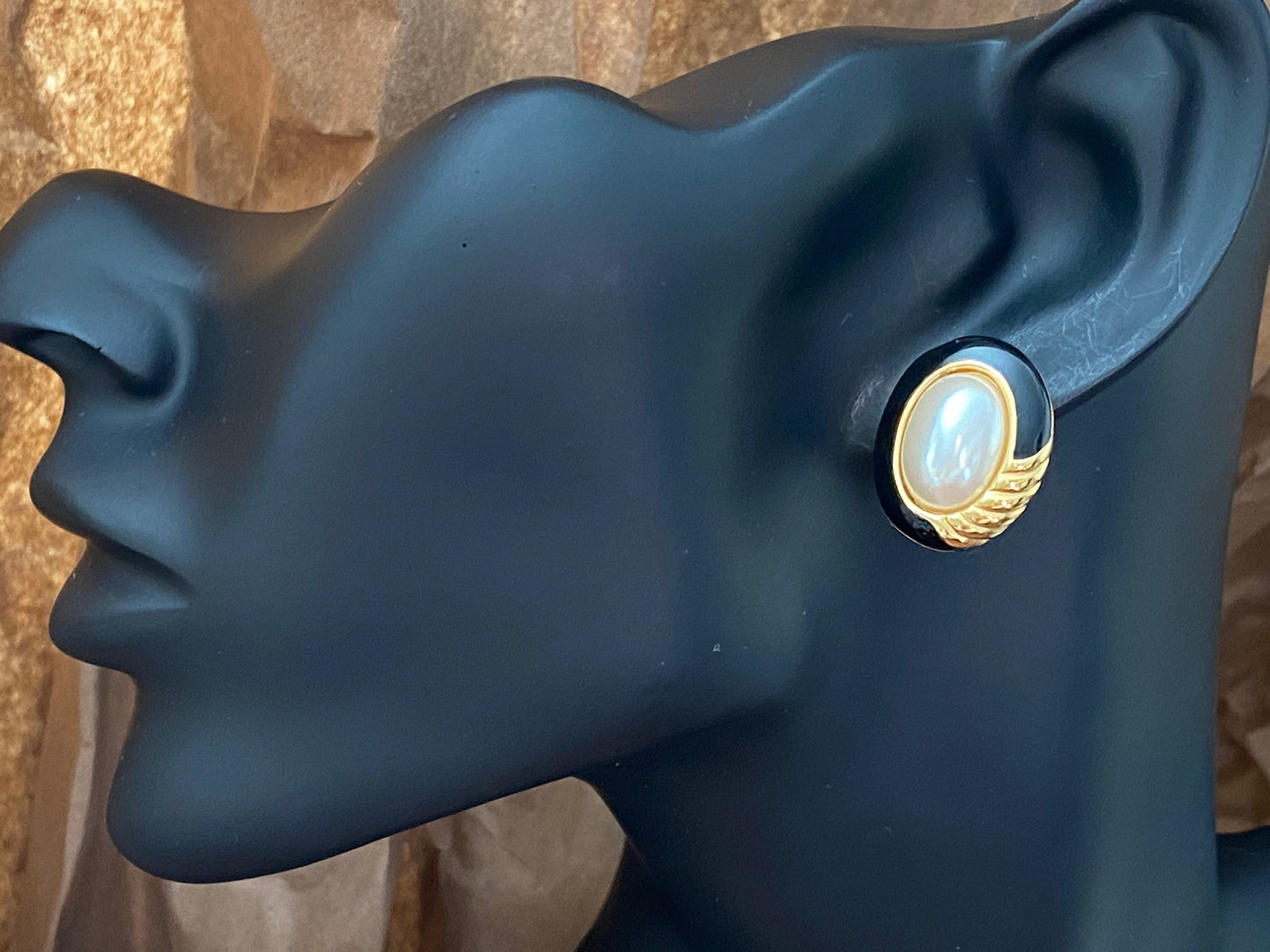 Vintage Gold Tone Black Enamel Faux Pearl Cabochon Pierced Earrings