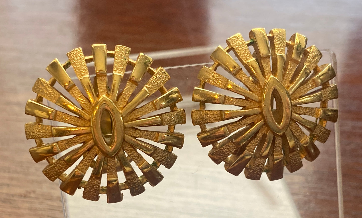 Vintage Signed Trifari Two Tone Gold Metal Domed Clip on Earrings