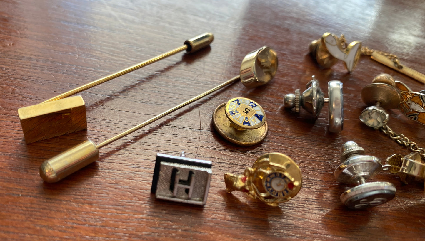 Lot of Vintage Tie Tacks MCM Midcentury Some Signed AB Aurora Borealis Gold Tone