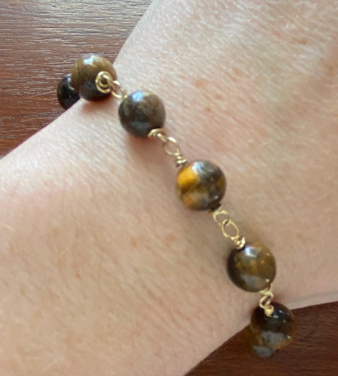 Vintage Tigers Eye Ball Bead Gold Tone Chain Link Bracelet
