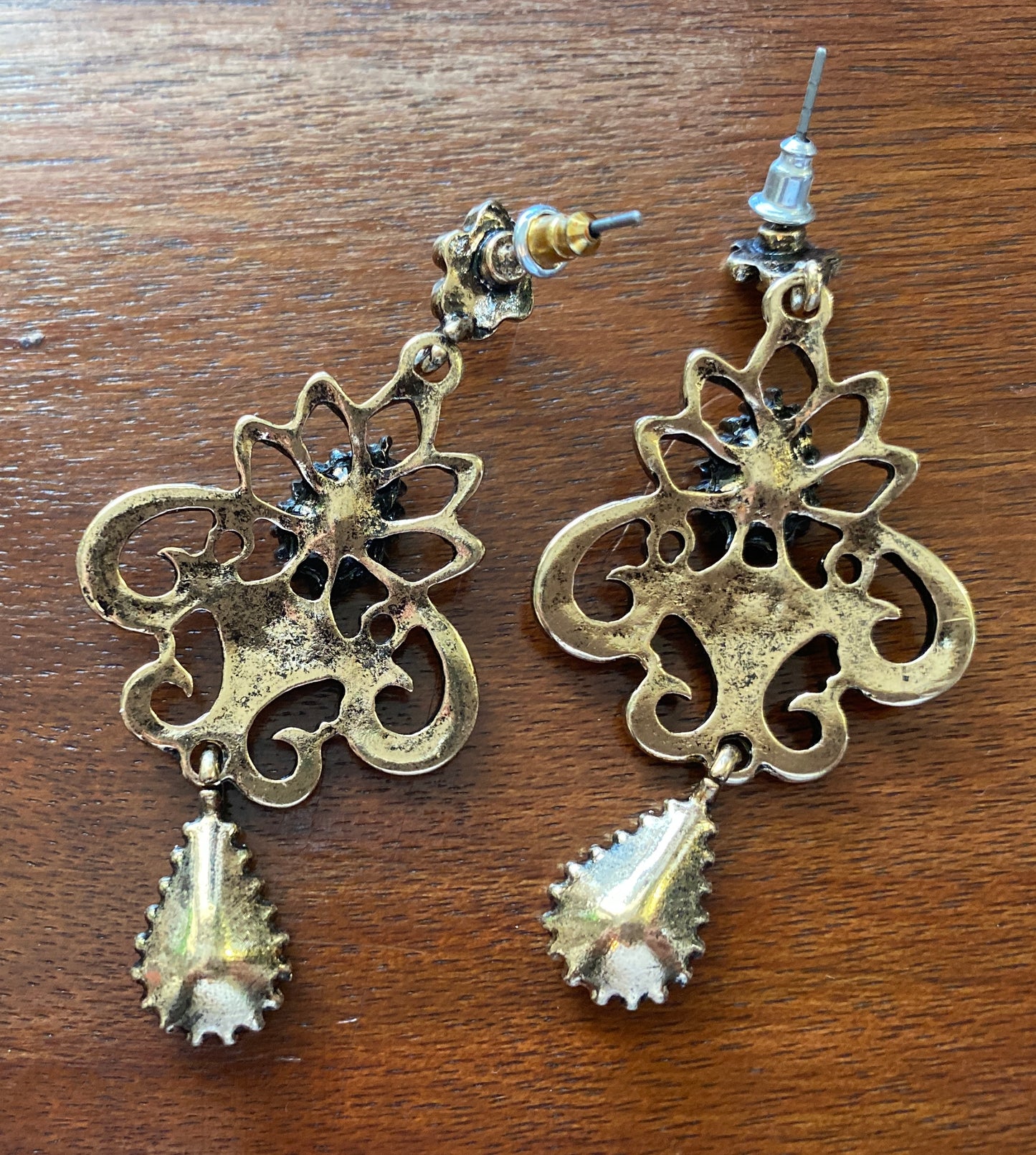 Vintage Style Drop Dangly Chandelier Gold Tone Blue Rhinestone Earrings