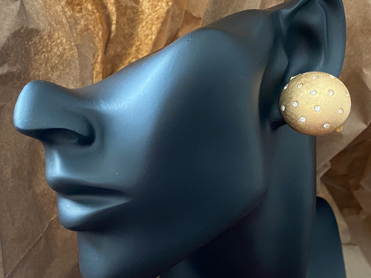Vintage Swarovski Crystal Domed Brushed Gold Tone Clip on Earrings