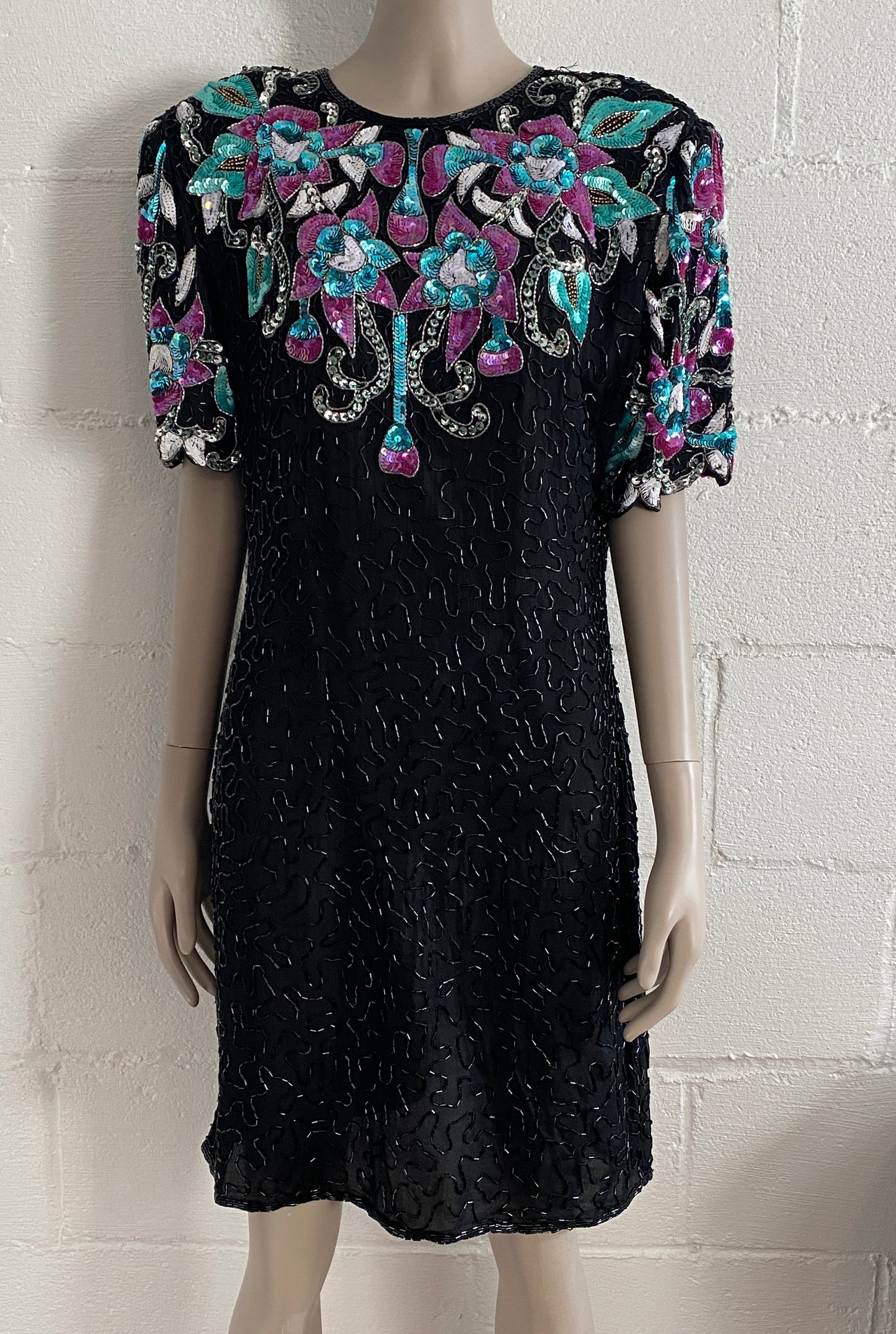 Laurence Kazar Pure Silk Petite XL Knee Length Dress Full Sequins