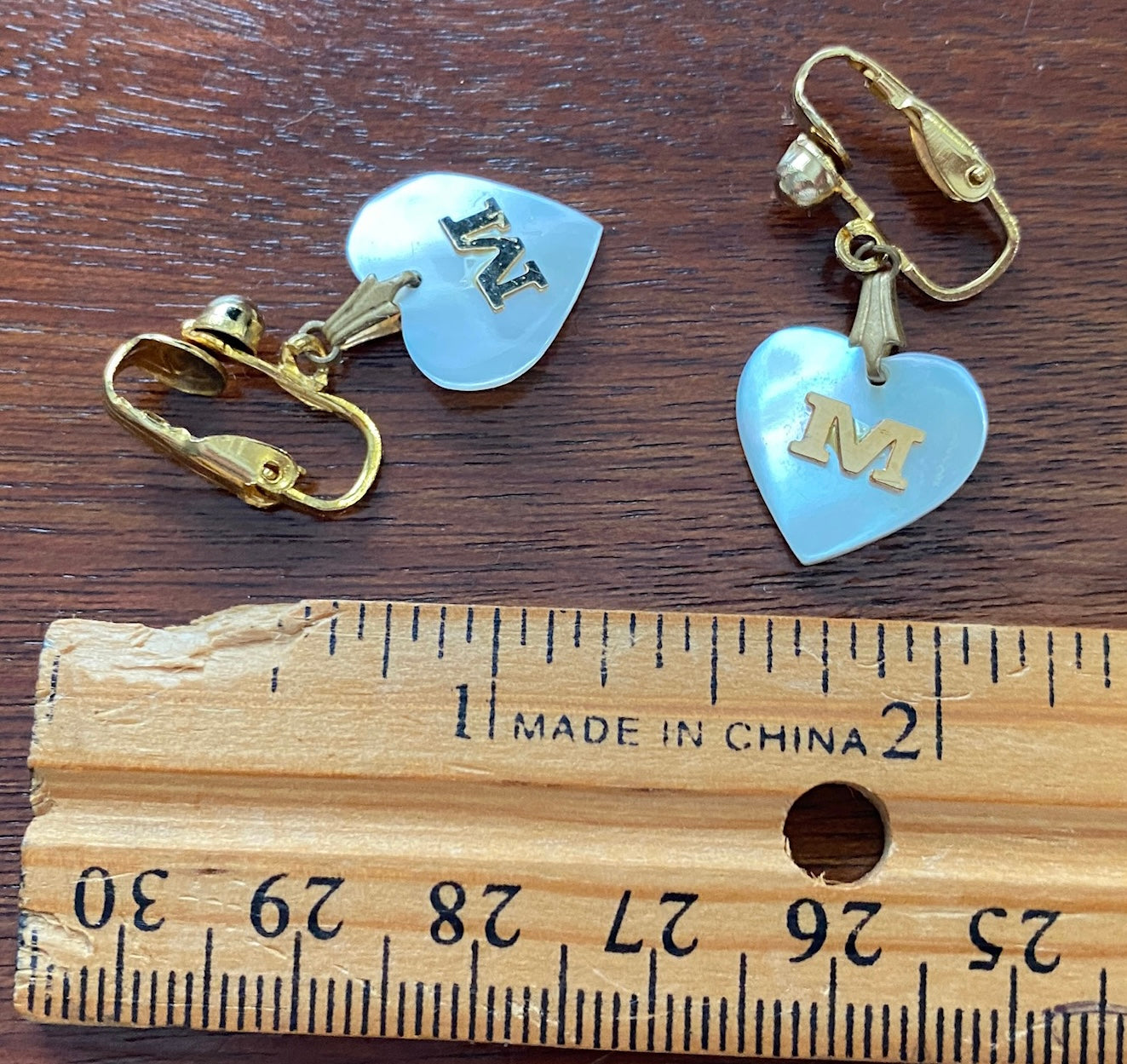 Vintage Gold Tone Heart MOP Mother of Pearl M Letter Initial Clip on Earrings