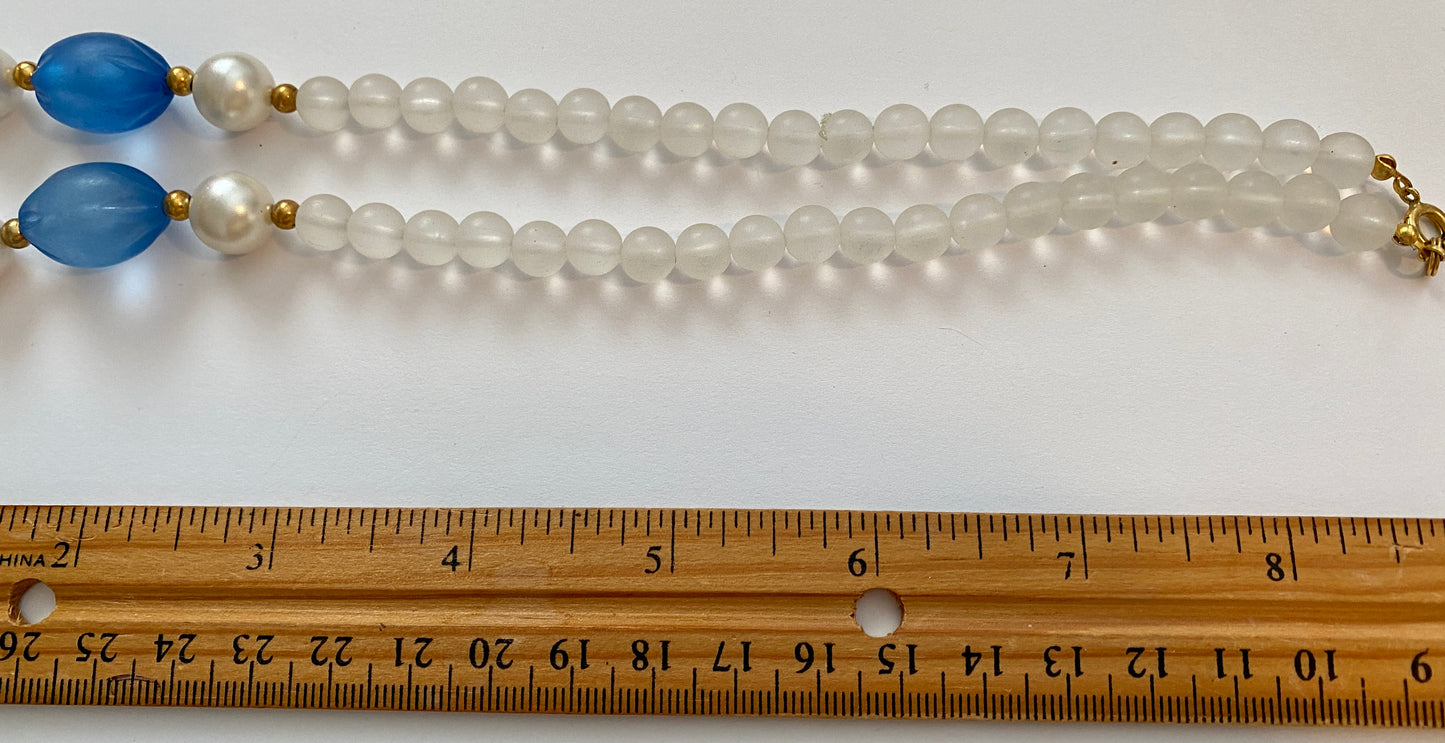 Vintage Faux Pearl Frosted Blue Flower Bead Necklace