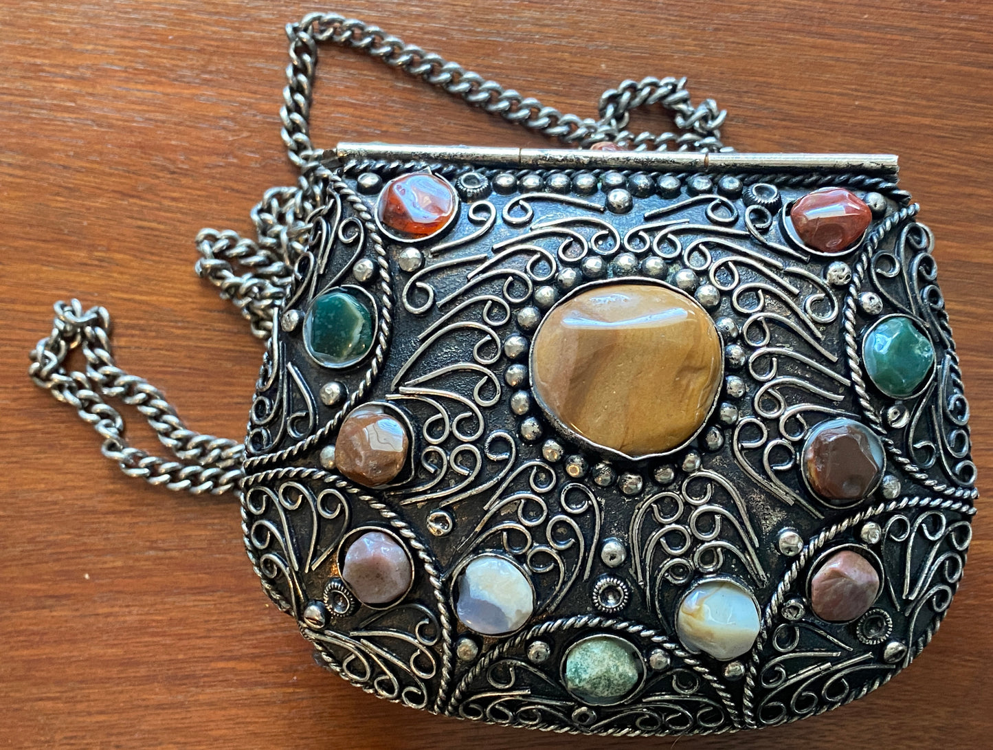 Vintage Sajai Metal Purse Handbag with Natural Agate Stones and Chain Strap