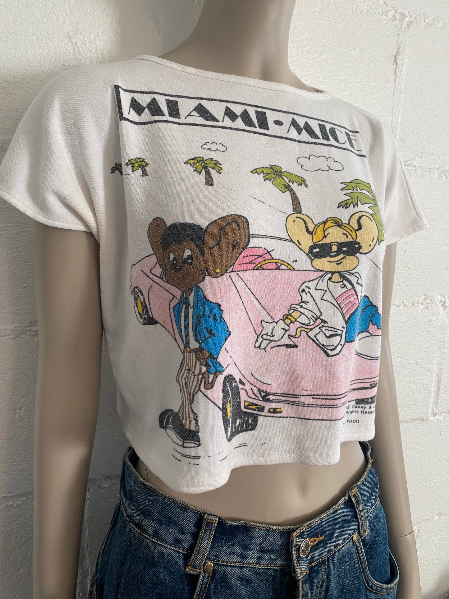 Vintage Womens 1985 Cropped T-Shirt Miami Mice Graphic Print Sz S/M