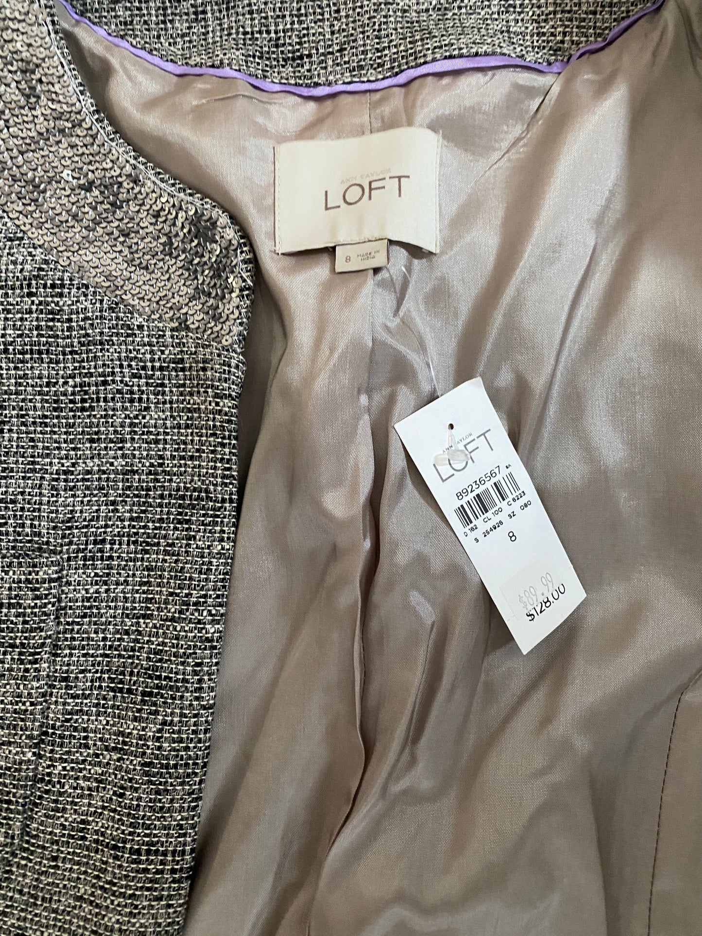 New with Tags Ann Taylor Loft Cropped Jacket Sequin Silver Gray Sz 8