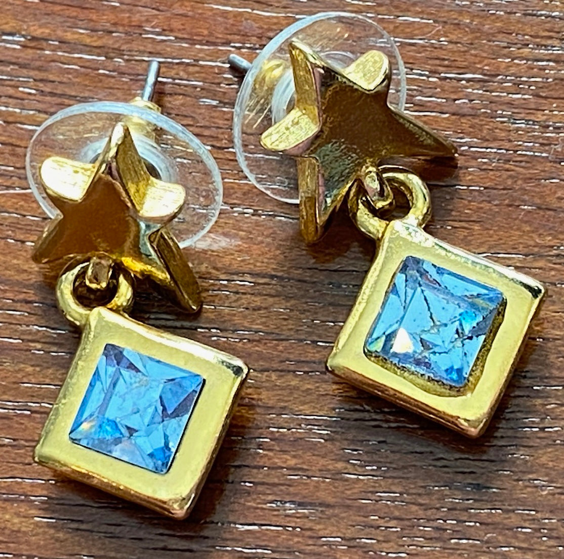 Vintage Gold Tone Star Blue Rhinestone Dangly Pierced Earrings
