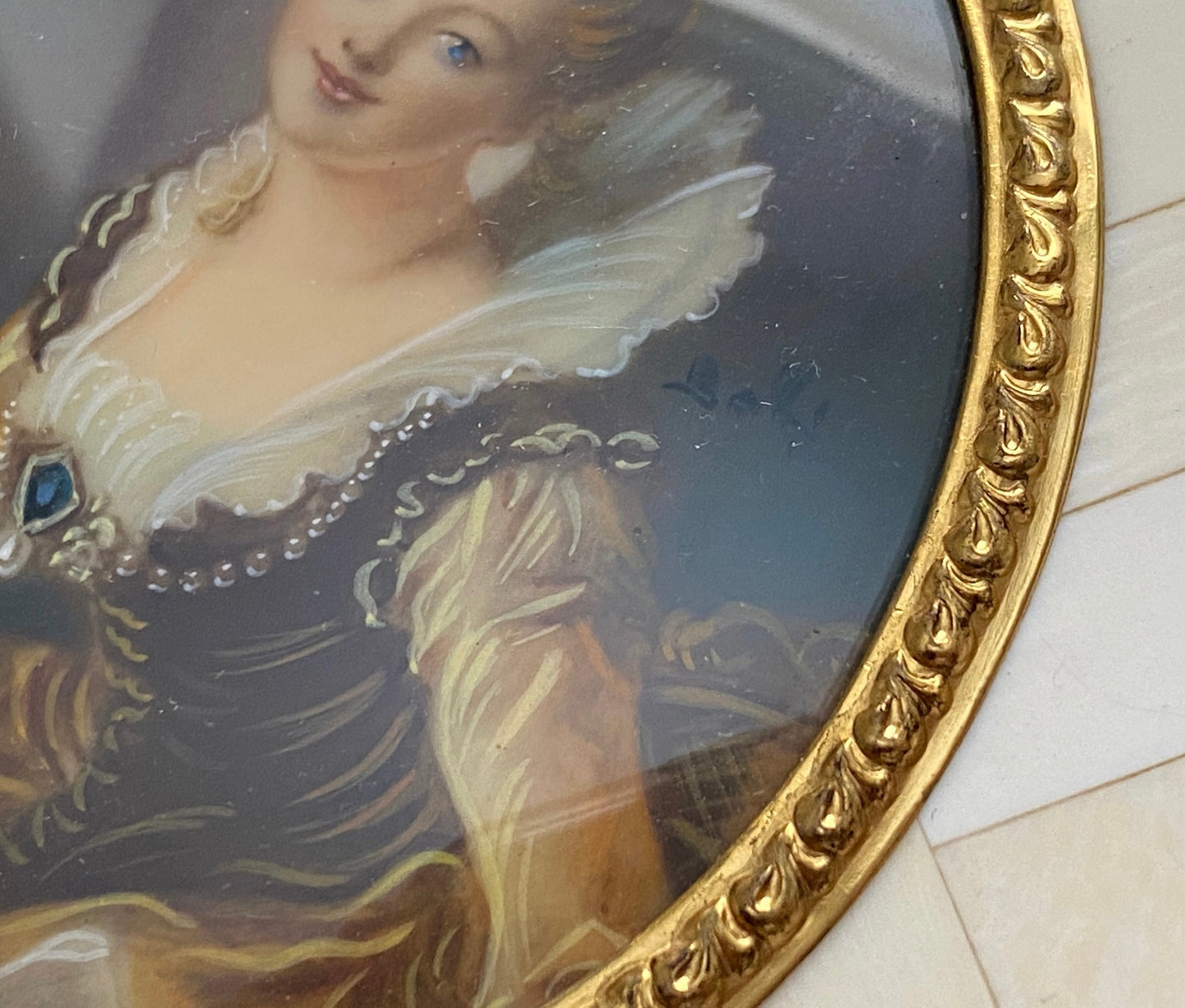 Antique Miniature A Study Fragonard Portrait Faux Ivory Bone Frame