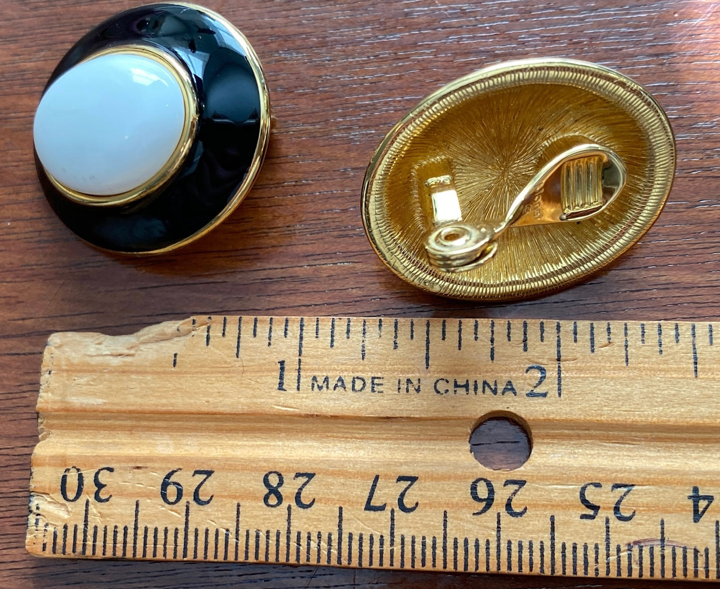 Vintage Monet Gold Tone Black White Cabochon Oval Clip On Earrings