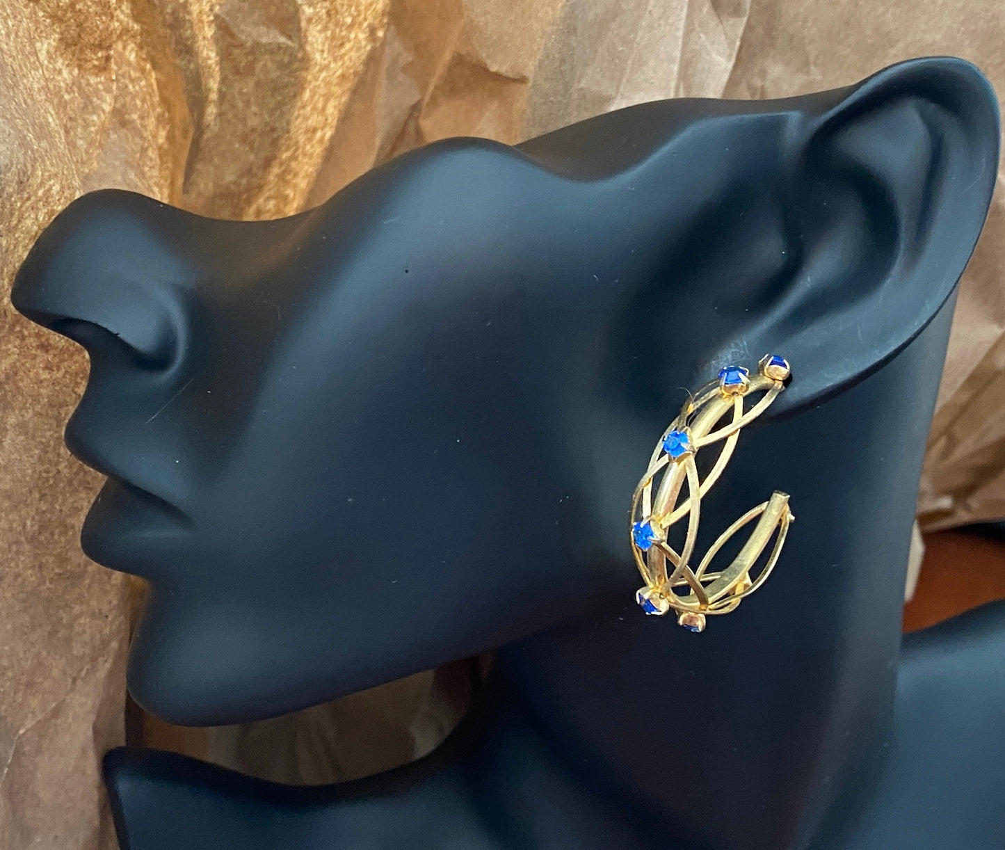 Vintage 80's Gold Tone Blue Rhinestone Half Hoop Pierced Earrings
