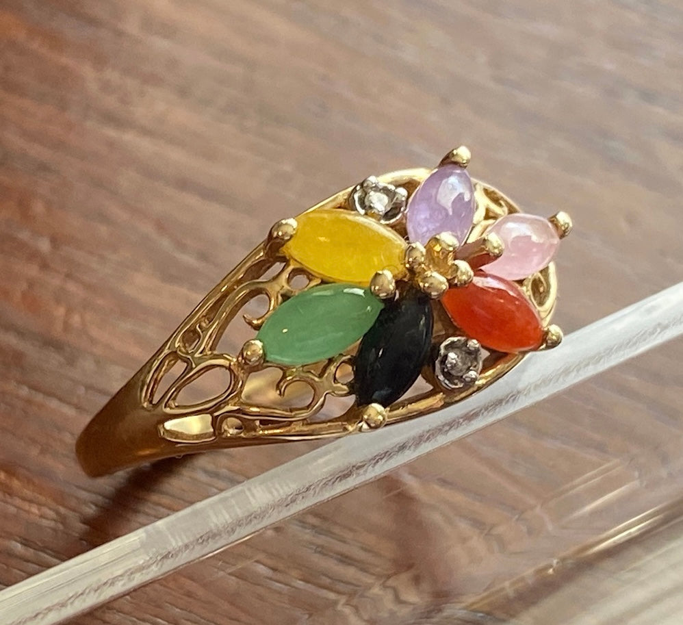 14k Yellow Gold Gemstone Diamond Ring Sz 8 Flower Design *Missing Stone*