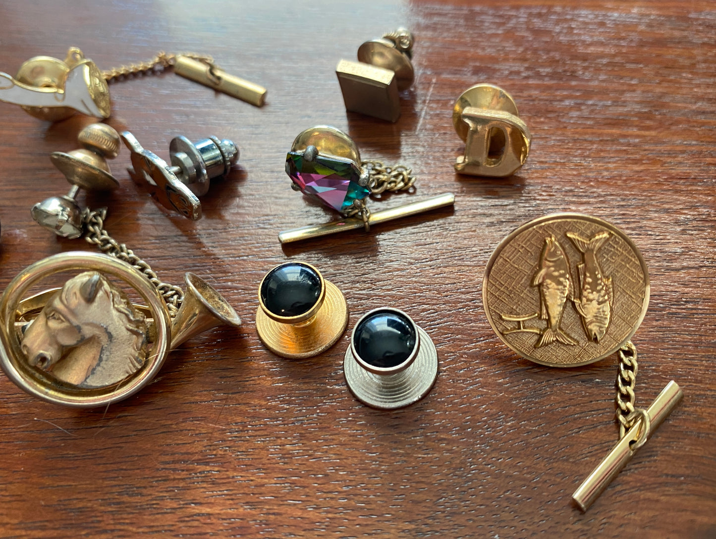 Lot of Vintage Tie Tacks MCM Midcentury Some Signed AB Aurora Borealis Gold Tone