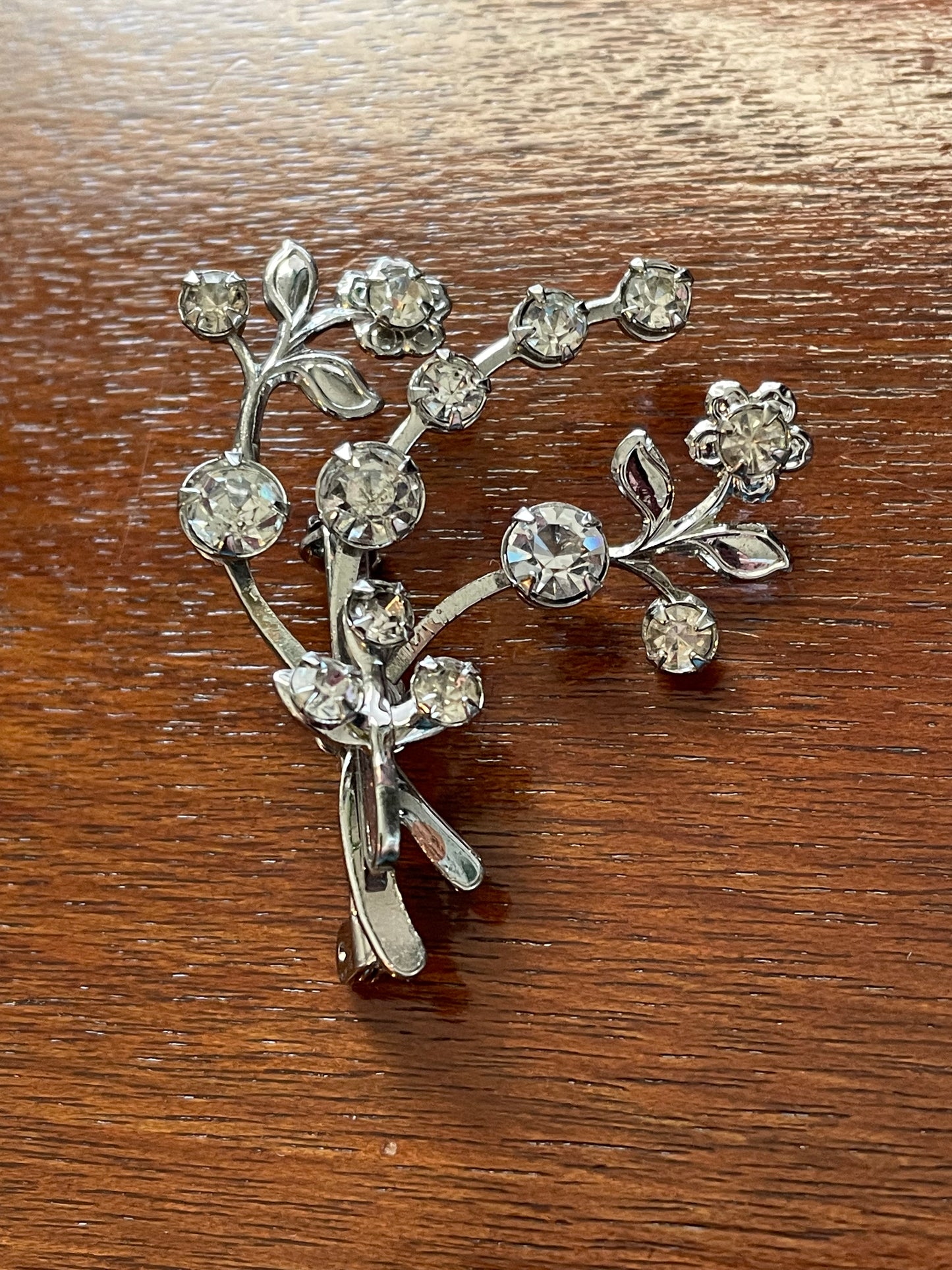 Silver Tone Metal Rhinestone Brooch Pin Branches w Flowers