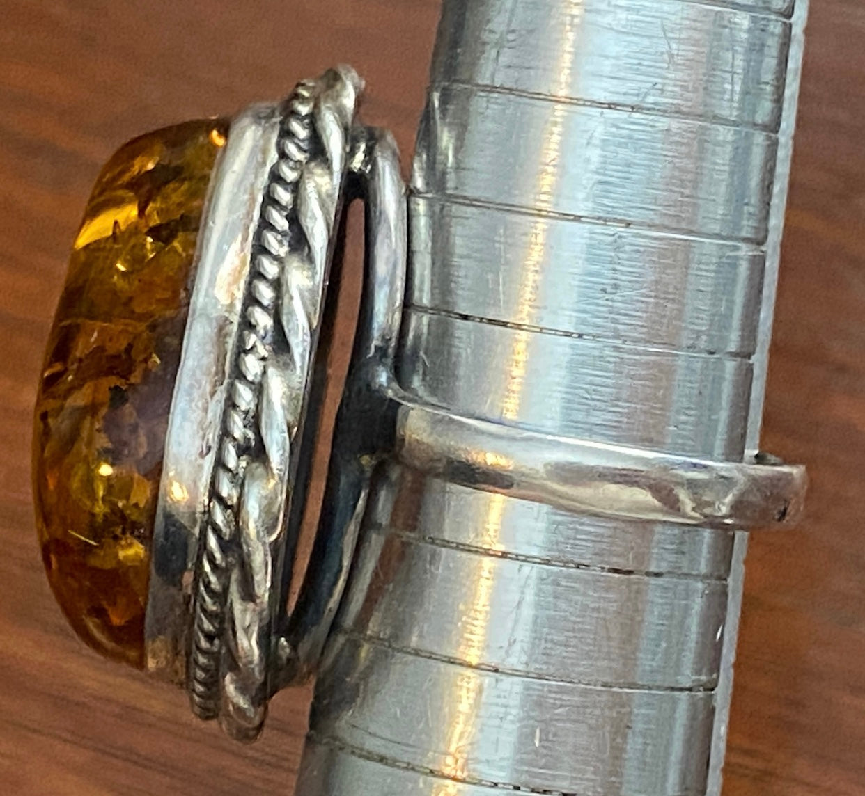 Sterling Silver 925 Heavy Amber Cabochon Rope Edge Ring Signed PS Sz 8