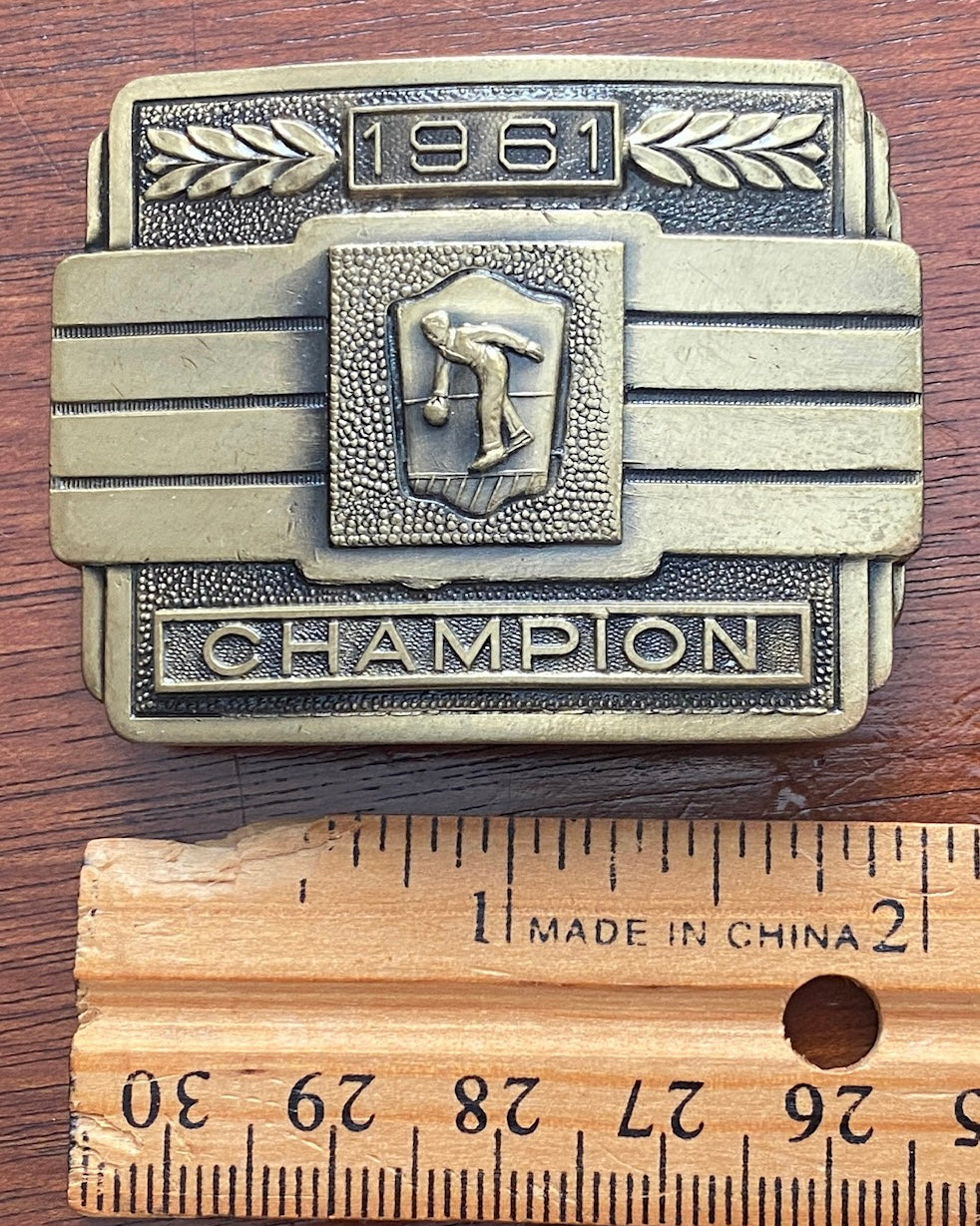 1961 Brass Bowling Champion Belt Buckle w Box