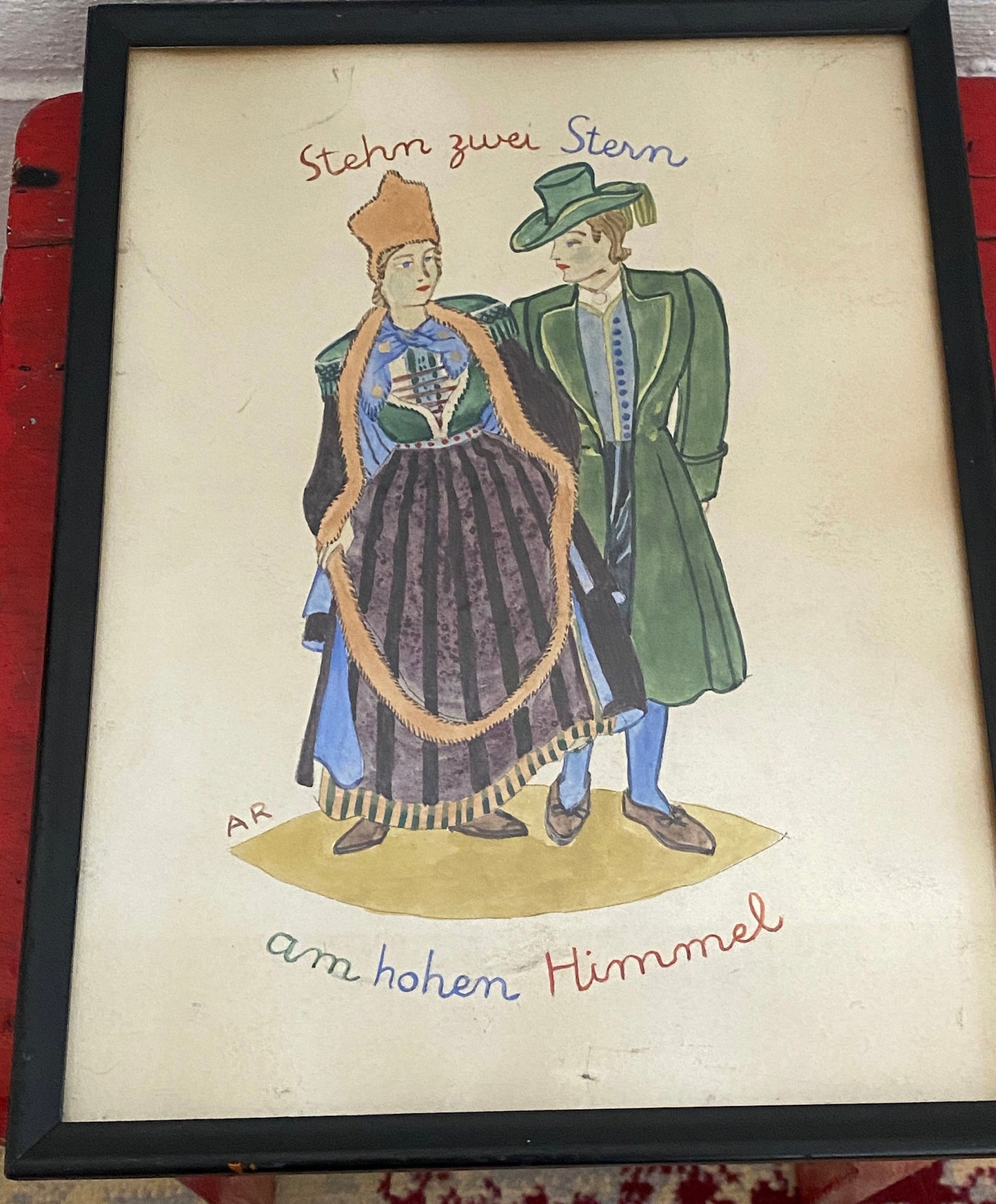 Vintage Original Artwork Painting Picture German Couple Hermann Prey Folk Art