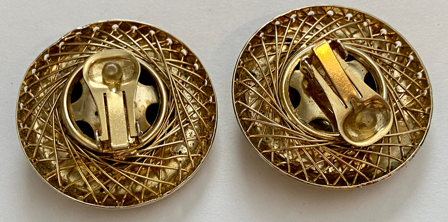 Vintage Large Gold Tone Metal Round Wire Clip on Earrings