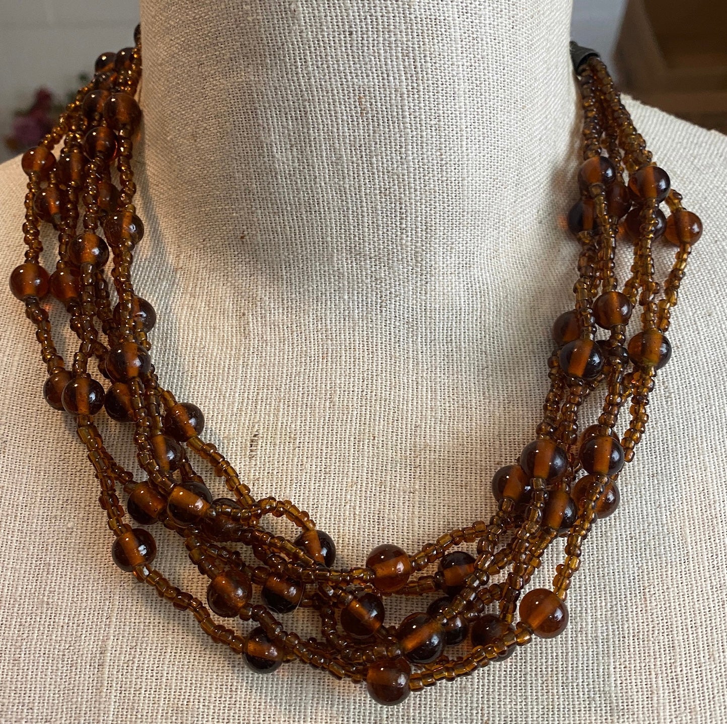 Brown Glass Bead Multistrand Collar Necklace