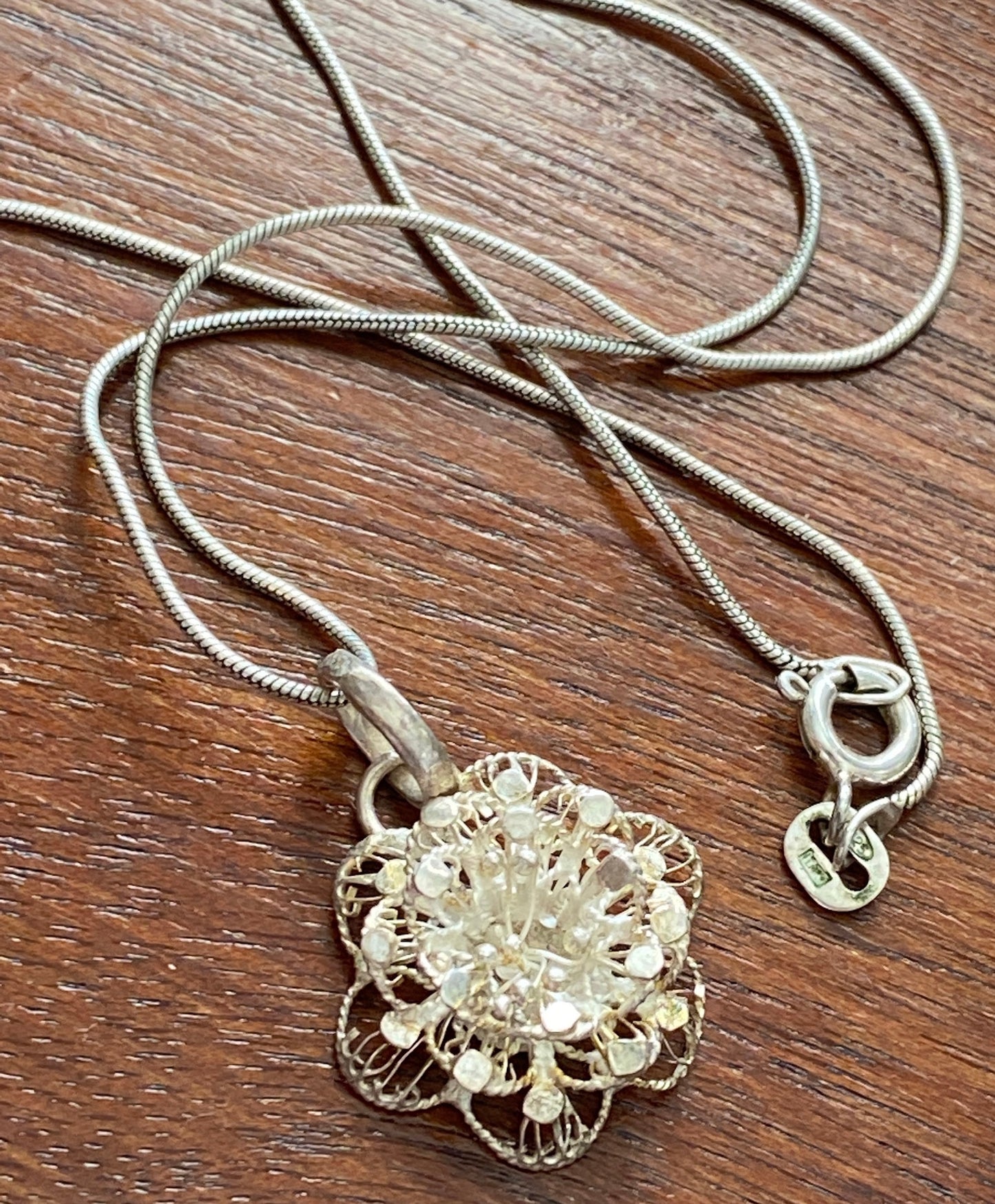Sterling Silver 925 Filigree Flower Snake Chain Pendant Necklace