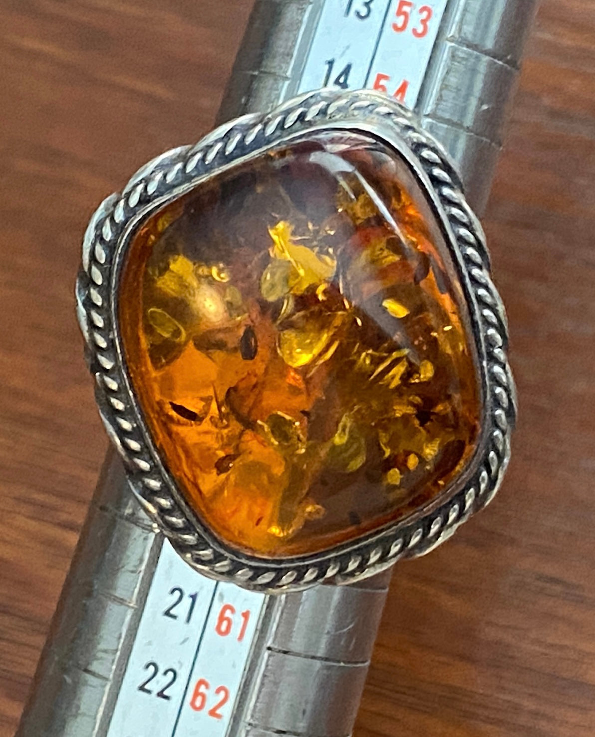 Sterling Silver 925 Heavy Amber Cabochon Rope Edge Ring Signed PS Sz 8