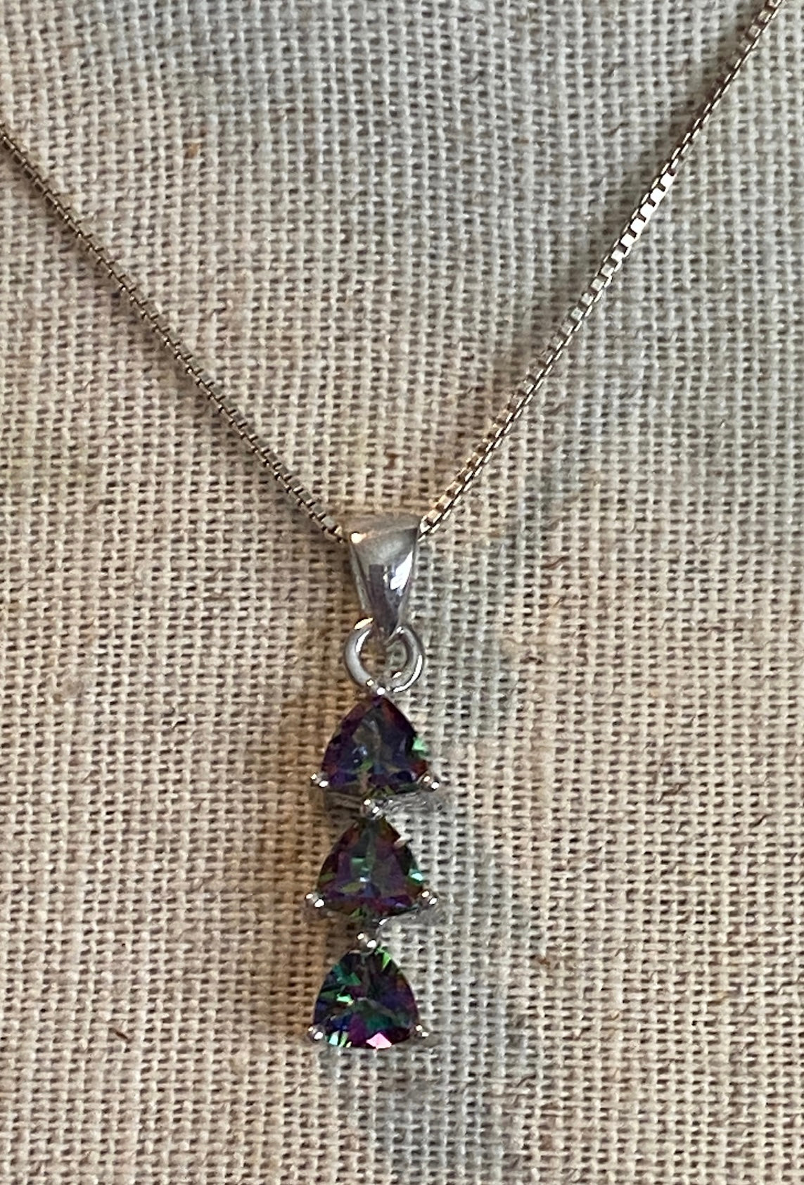 Sterling Silver Box Chain w AB Aurora Borealis Pendant Necklace