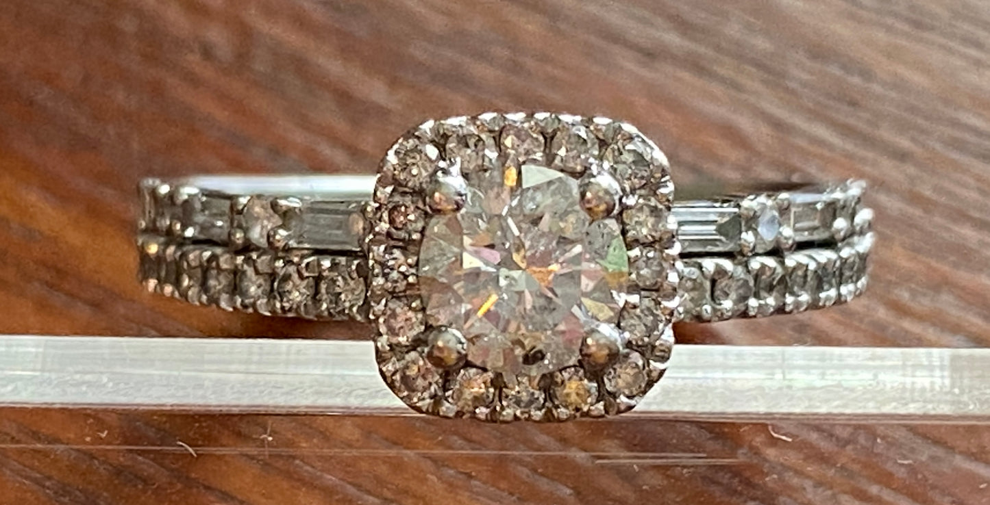 14k White Gold Engagement Ring 1/2ct Round Solitaire Diamond Halo Sz 6.5 Sgn JX