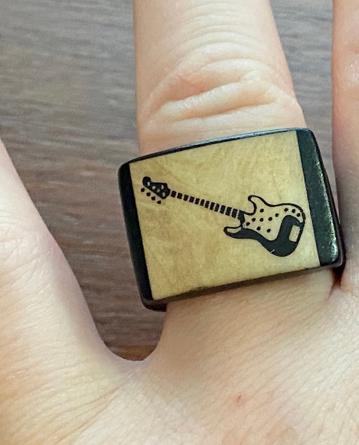 Black Wood Grain Burn in Guitar Design Ring Sz 8.75