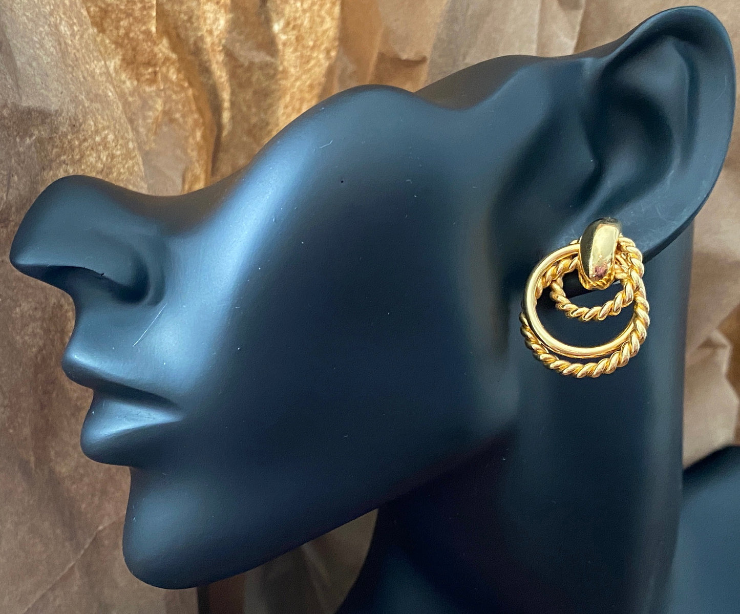 Vintage Gold Tone 80's Rope Twist Drop Pierced Earrings