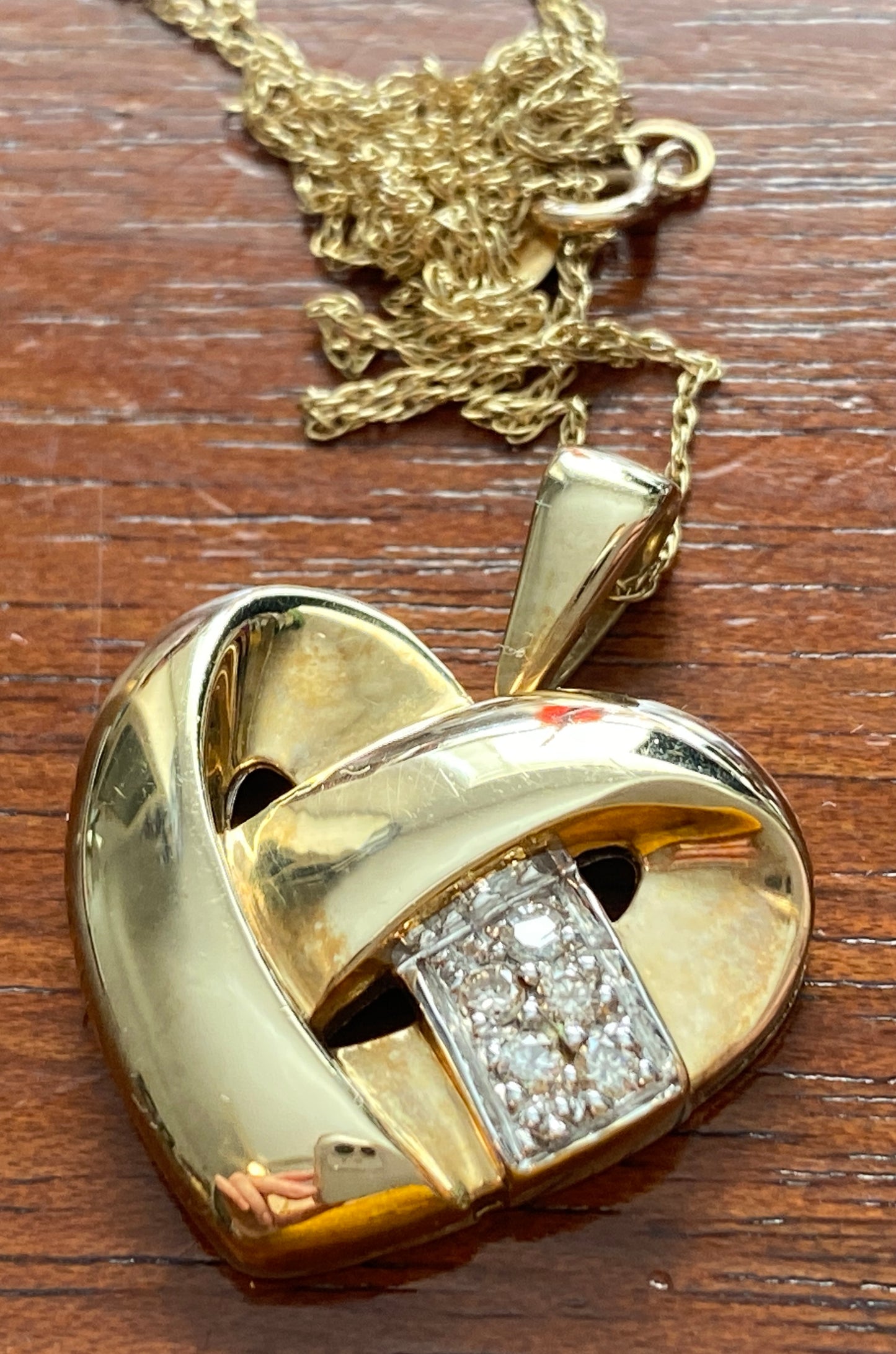 10k Yellow Gold Chain w FTH Pave Diamond Woven Heart Pendant 18" Long