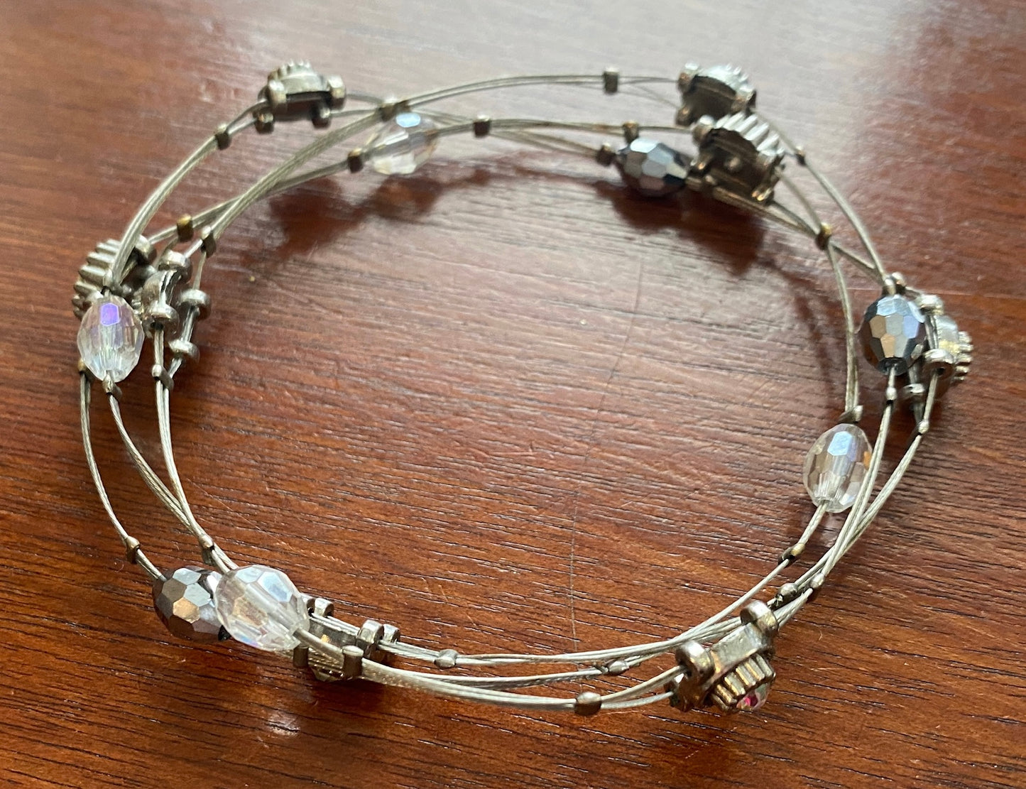 Lot of 3 AB Aurora Borealis Rhinestone Silver Tone Bangle Bracelets Stacking
