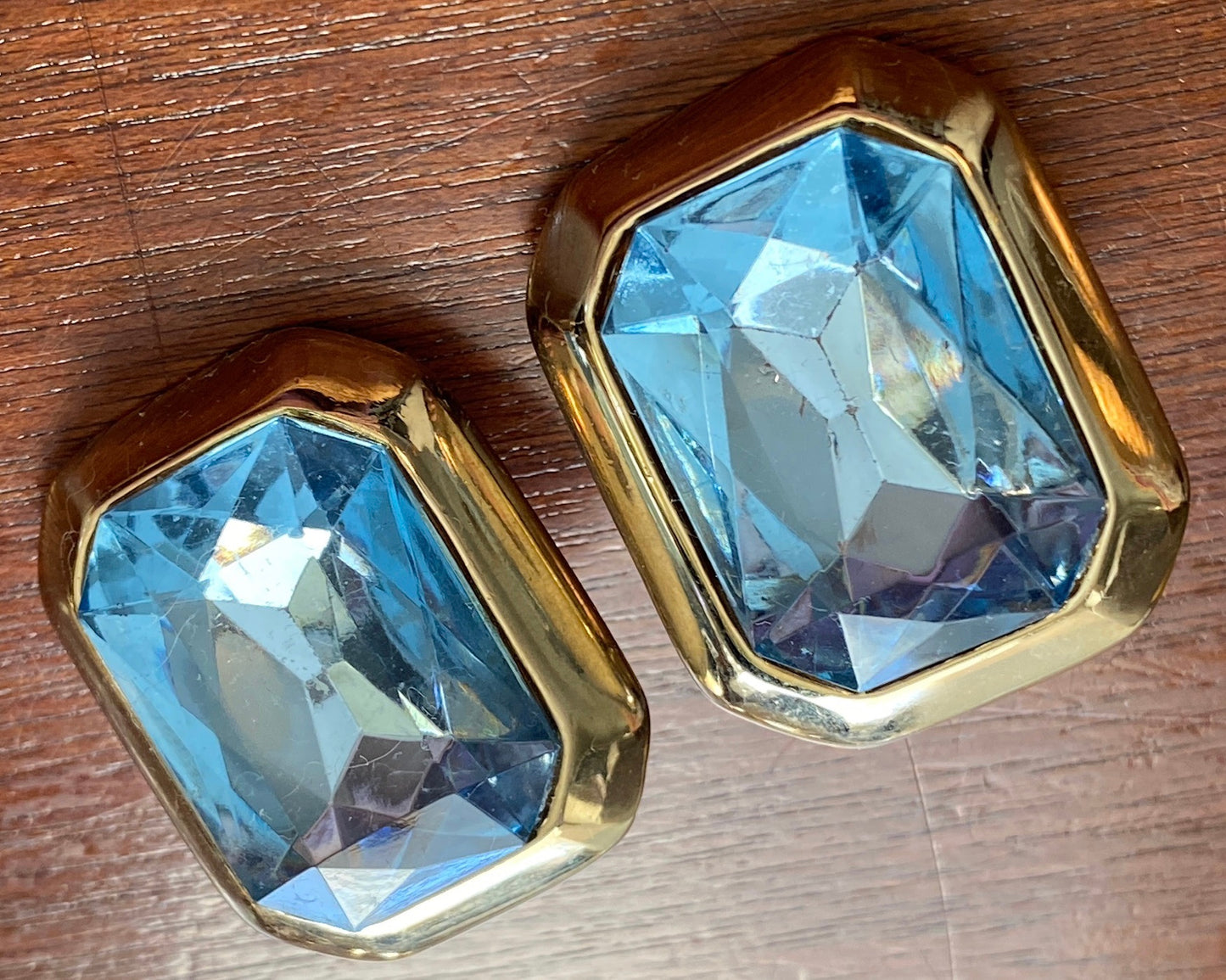 Massive Vintage 80's Gold Tone Faceted Blue Rhinestone Pierced Earrings