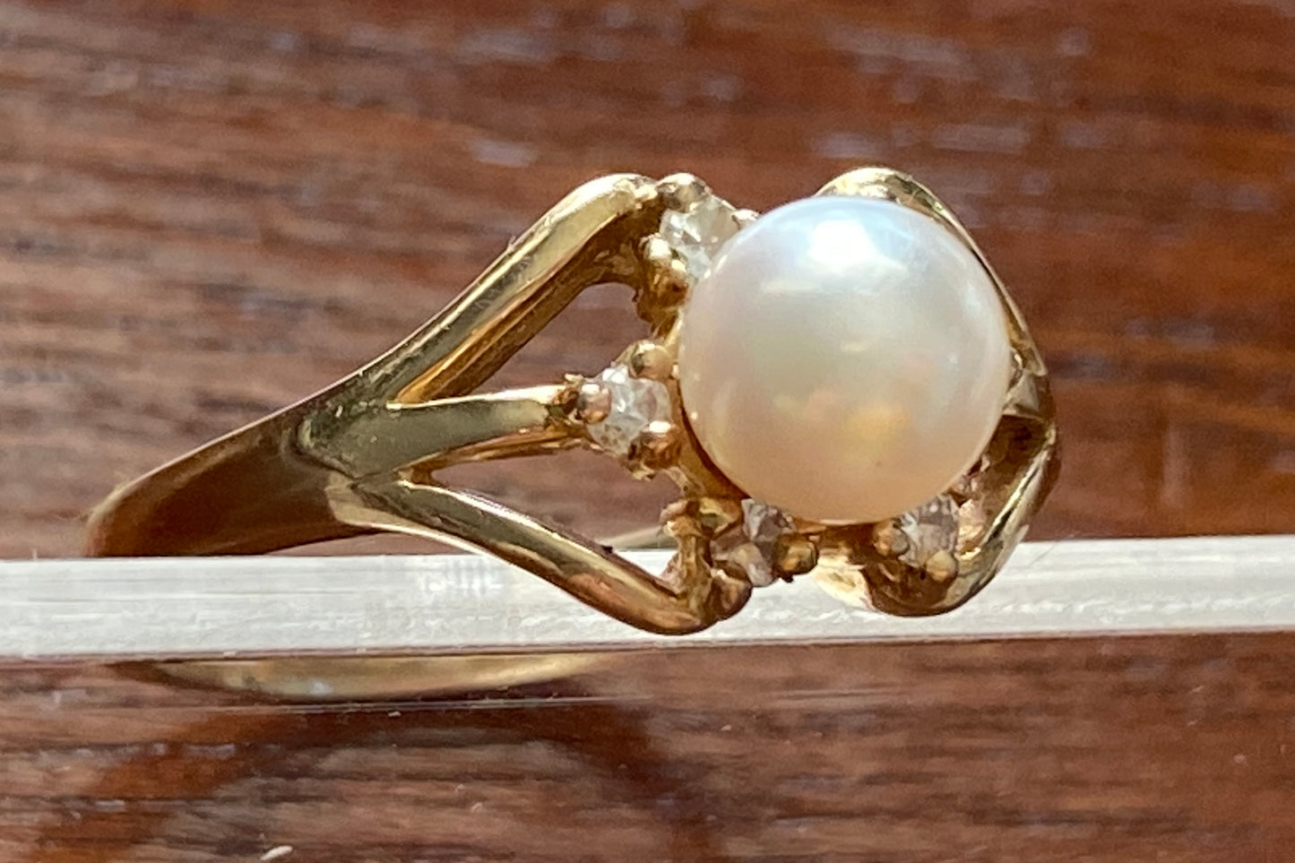 14k Yellow Gold 6mm Pearl Diamond Accent Ring Sz 6 Signed CF