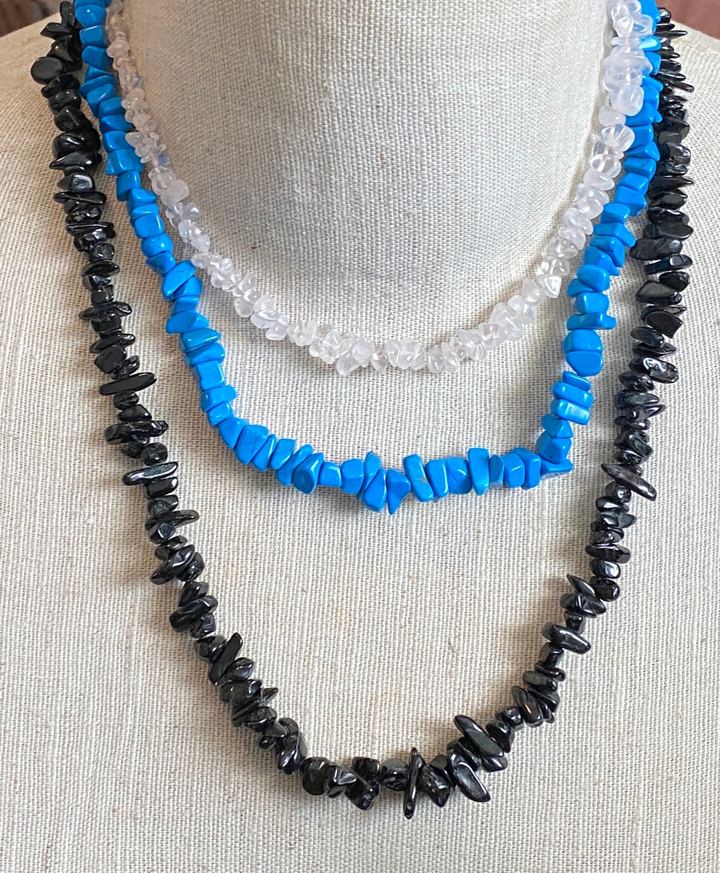 Lot of 3 Single Strand Necklaces Turquoise Onyx Quartz Tumbled Stone