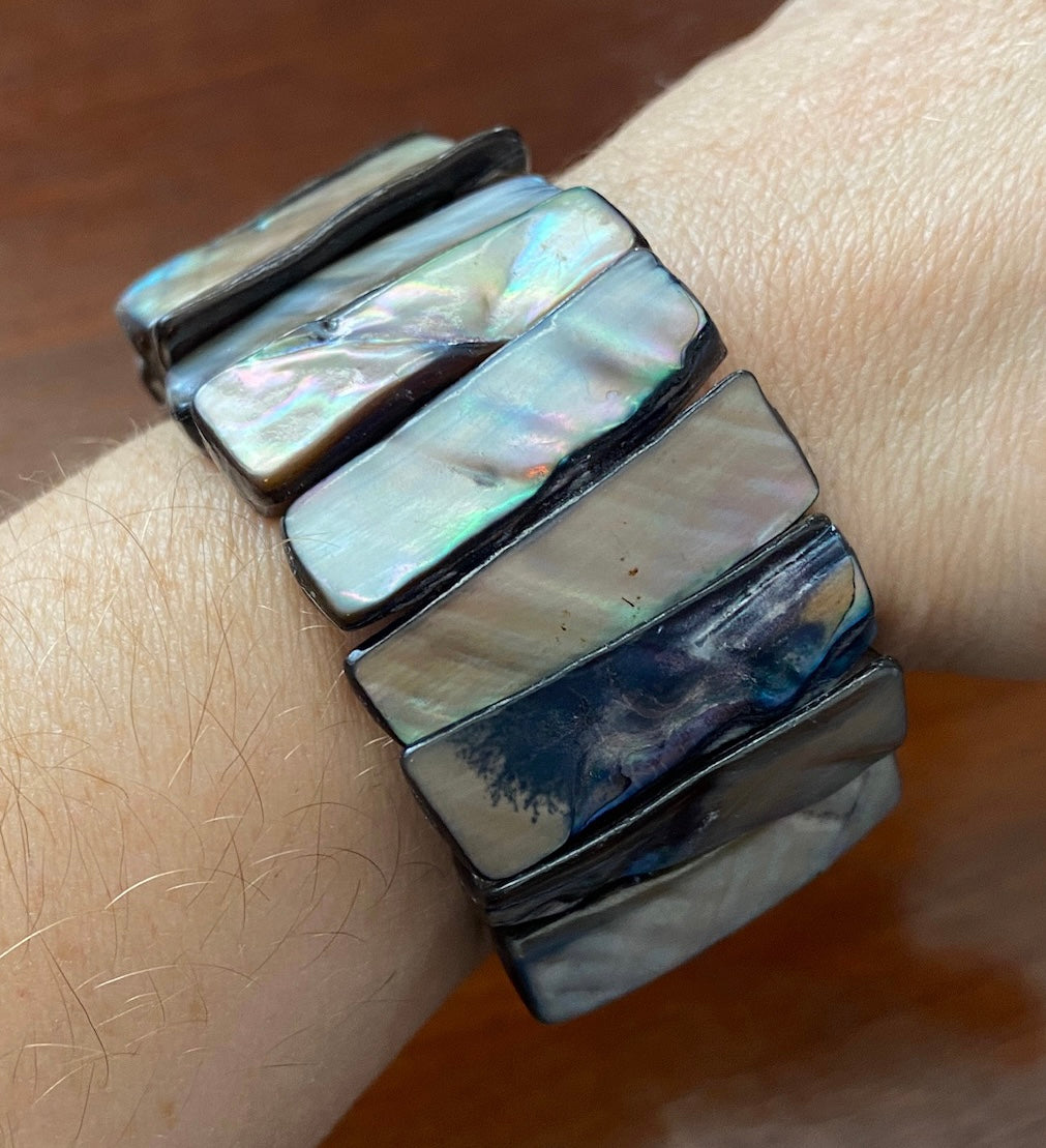Abalone Panel Stretch Bangle Bracelet Wide