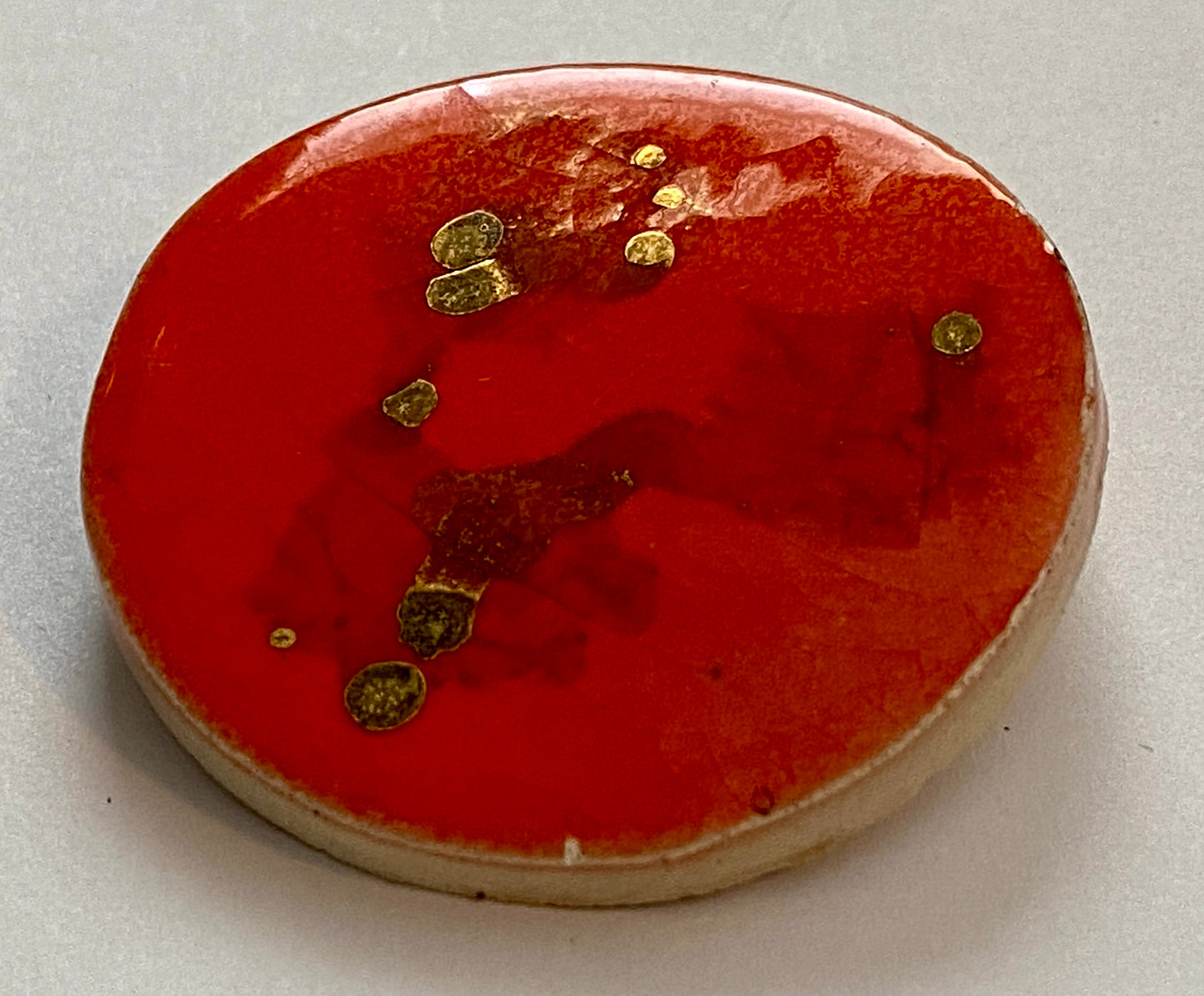 Vintage Alabaster Ceramic Glazed Red Gold Art Brooch Pin