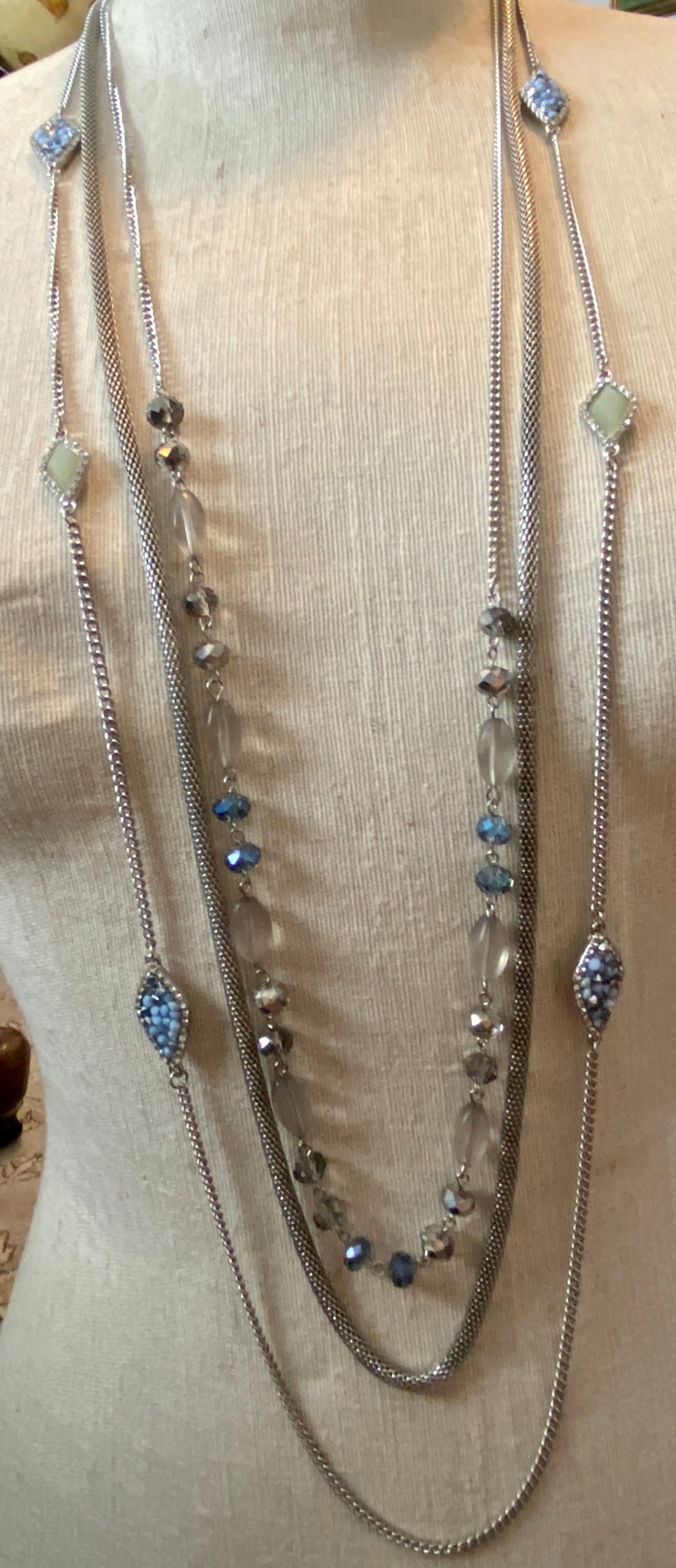 Vintage Long Silver Tone Metal Mesh Layered Rhinestone Bead Necklace