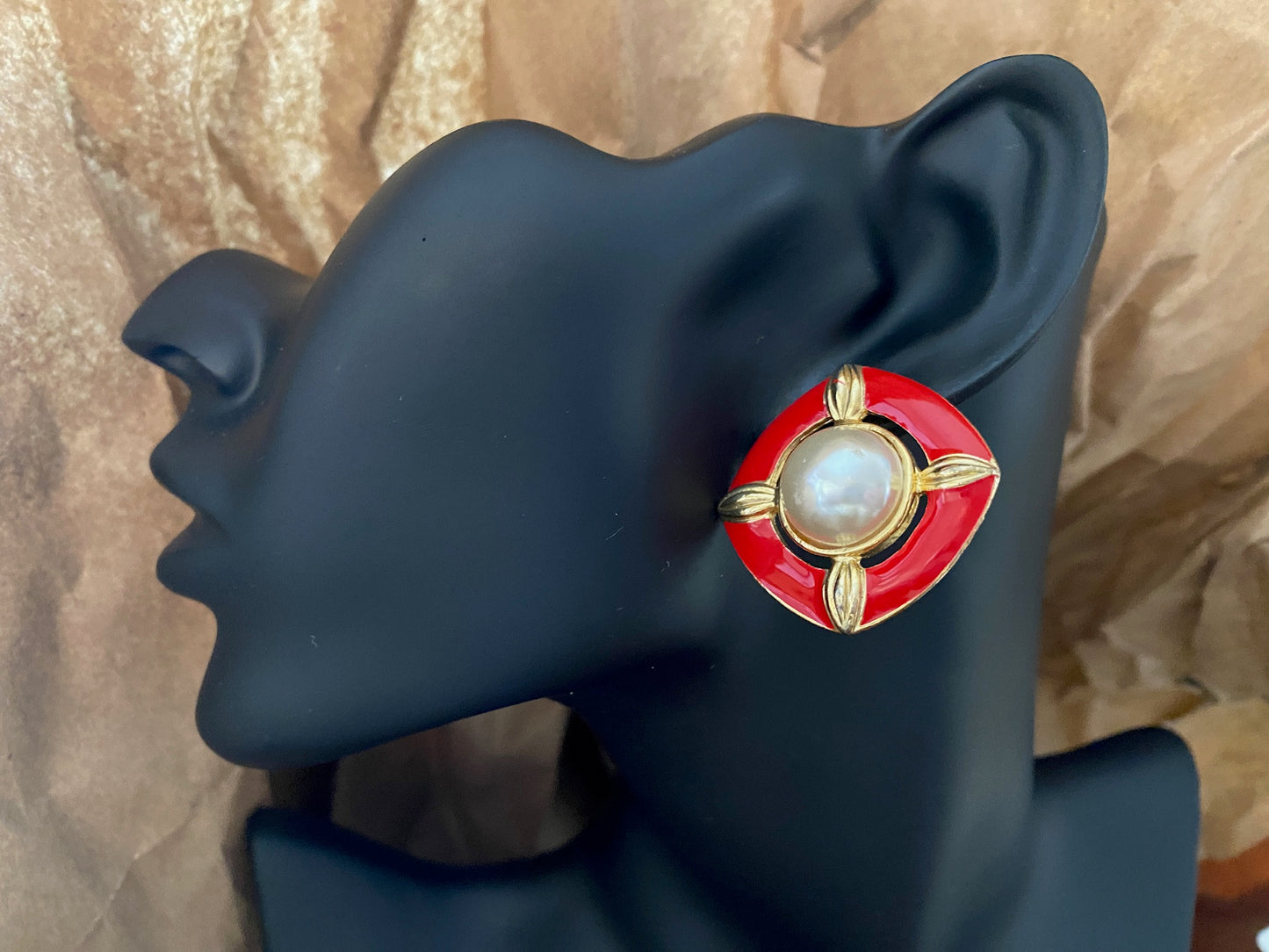 Vintage 80's Faux Pearl Cabochon Red Enamel Gold Tone Earrings Pierced