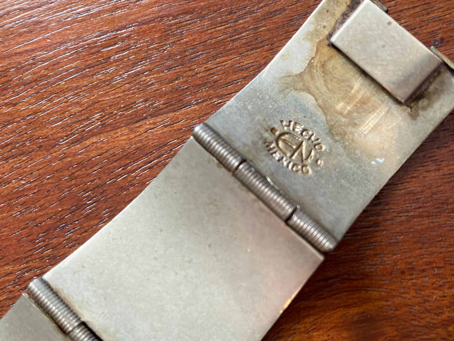 Vintage Taxco Mexico Sterling Silver Aztec Mayan Copper Panel Link Bracelet