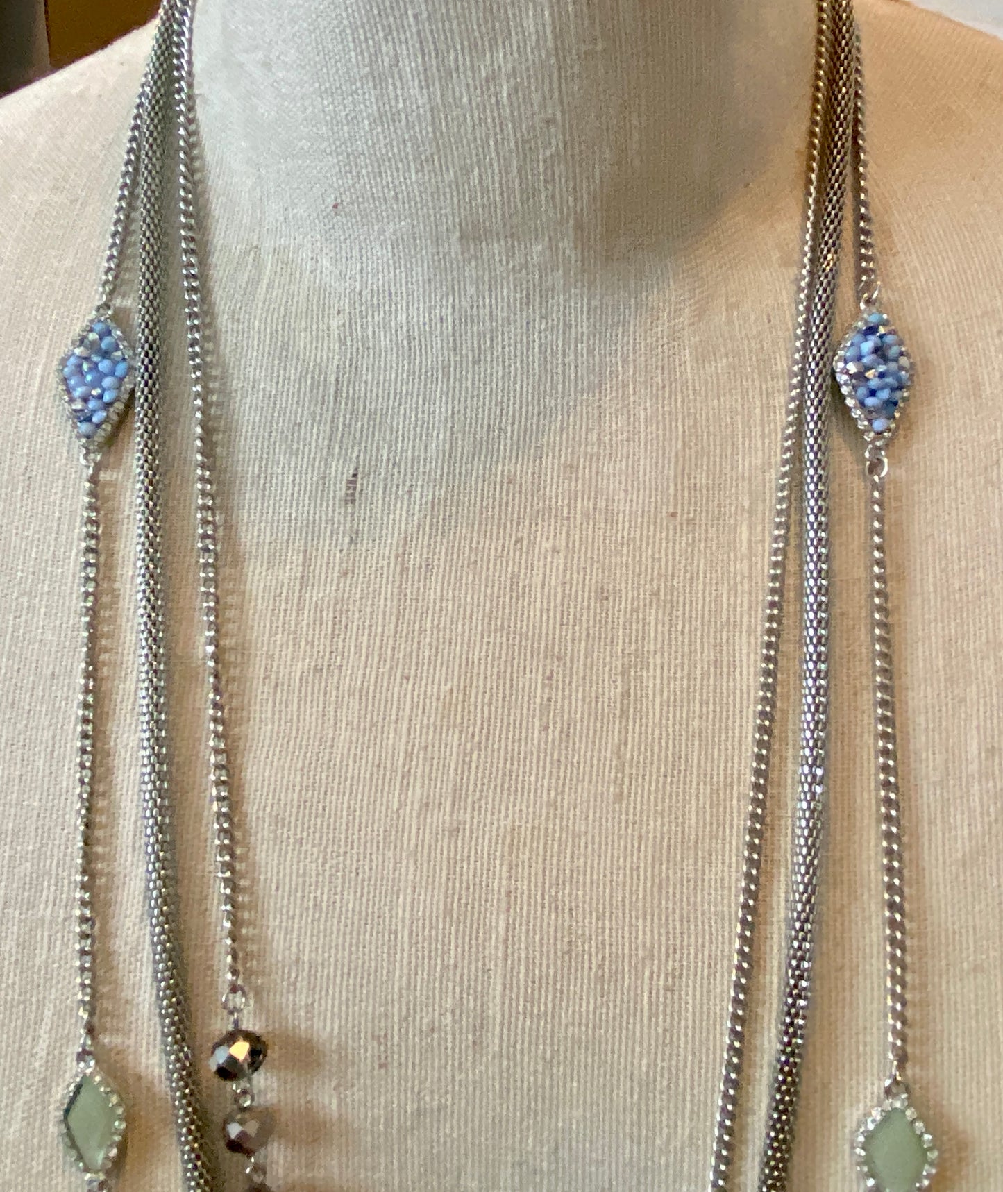 Vintage Long Silver Tone Metal Mesh Layered Rhinestone Bead Necklace