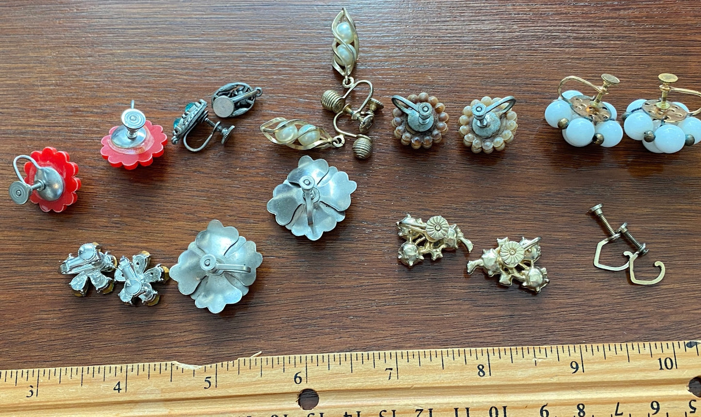 Lot of Vintage Screwback Earrings Bead Rhinestone Faux Pearl