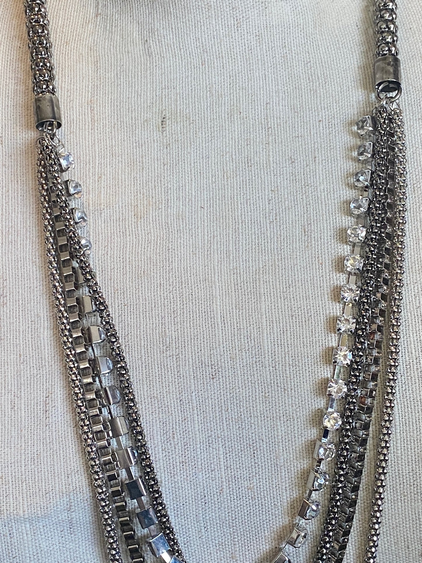 Silvertone Metal Rhinestone Chain Link Multistrand Necklace